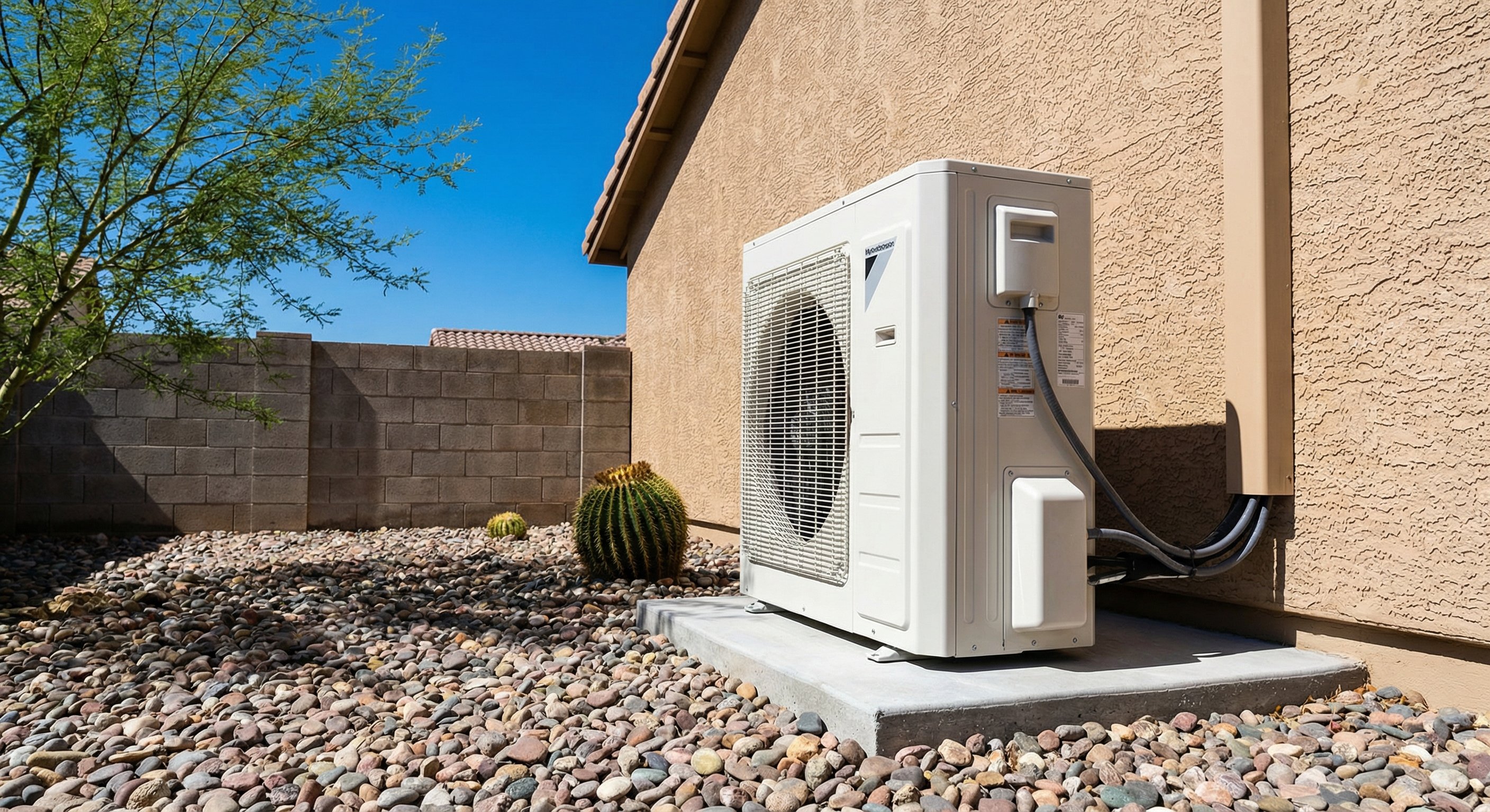 AC condenser unit on a concrete pad beside a tan stucco home in Tempe AZ, with desert landscaping, river rock, and clear blue sky