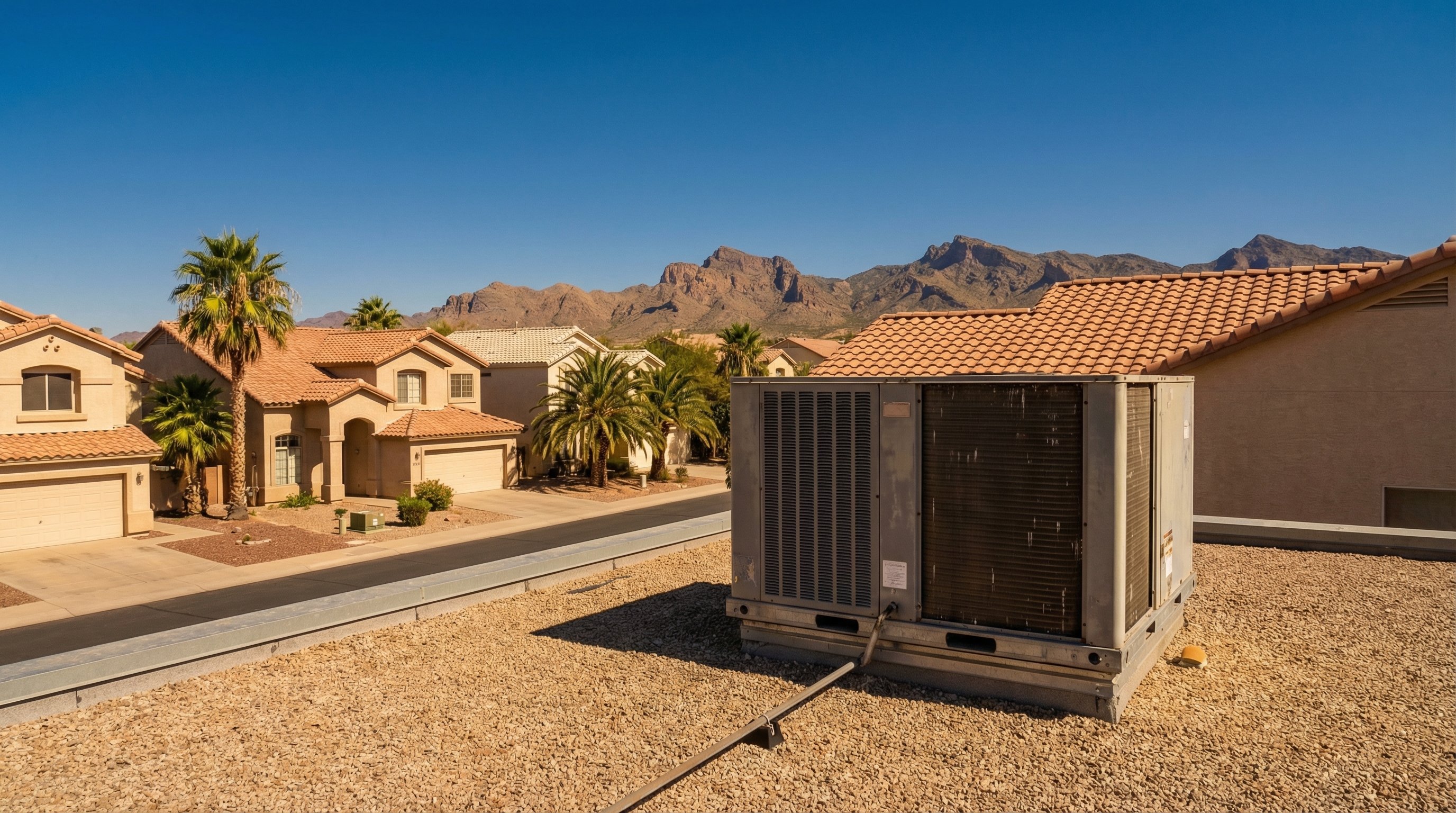 Rooftop AC package unit on a Scottsdale home with desert landscape and mountain backdrop