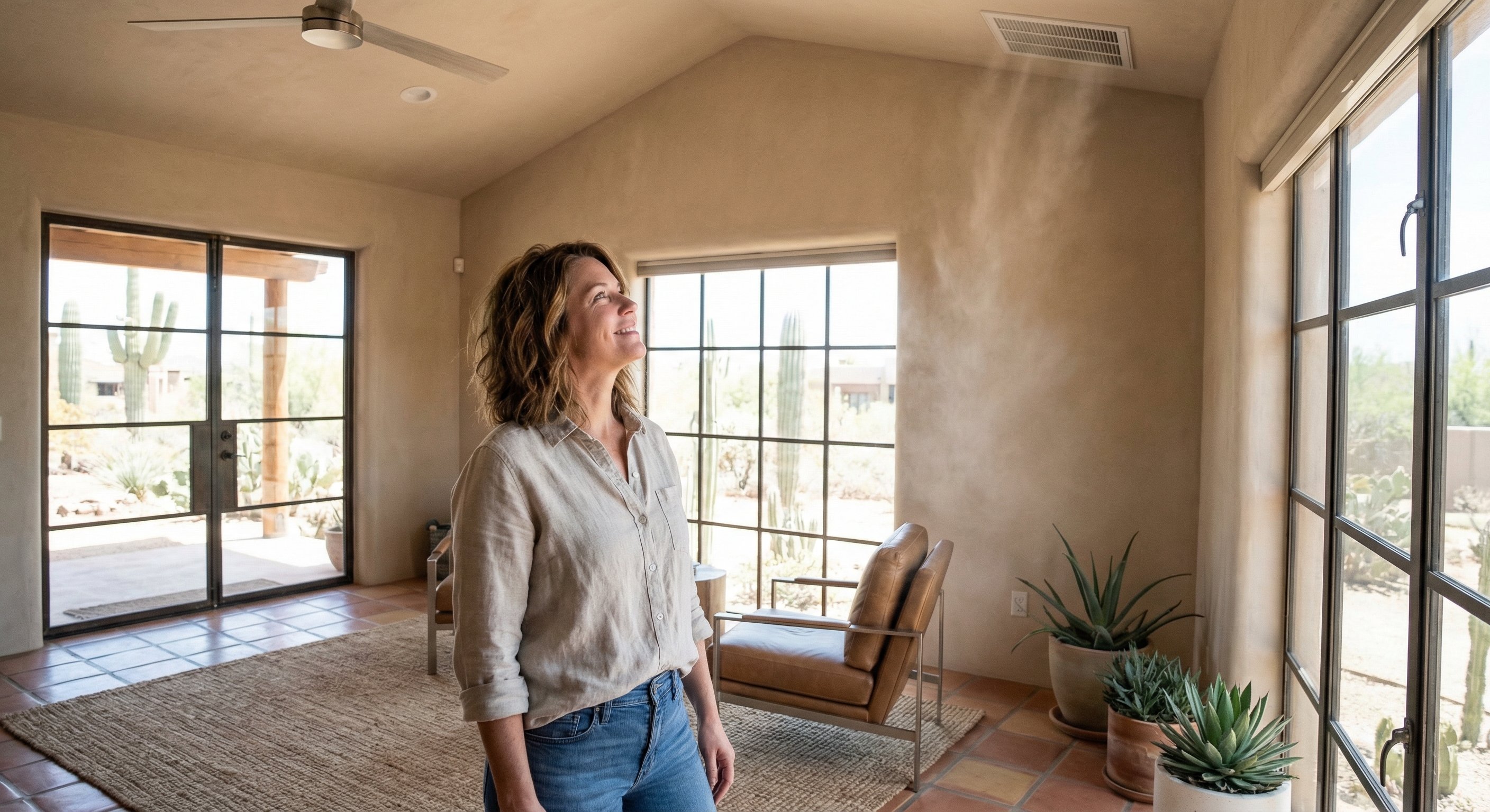 Homeowner checking thermostat in a cool modern Scottsdale living room interior, ceiling vent visible overhead