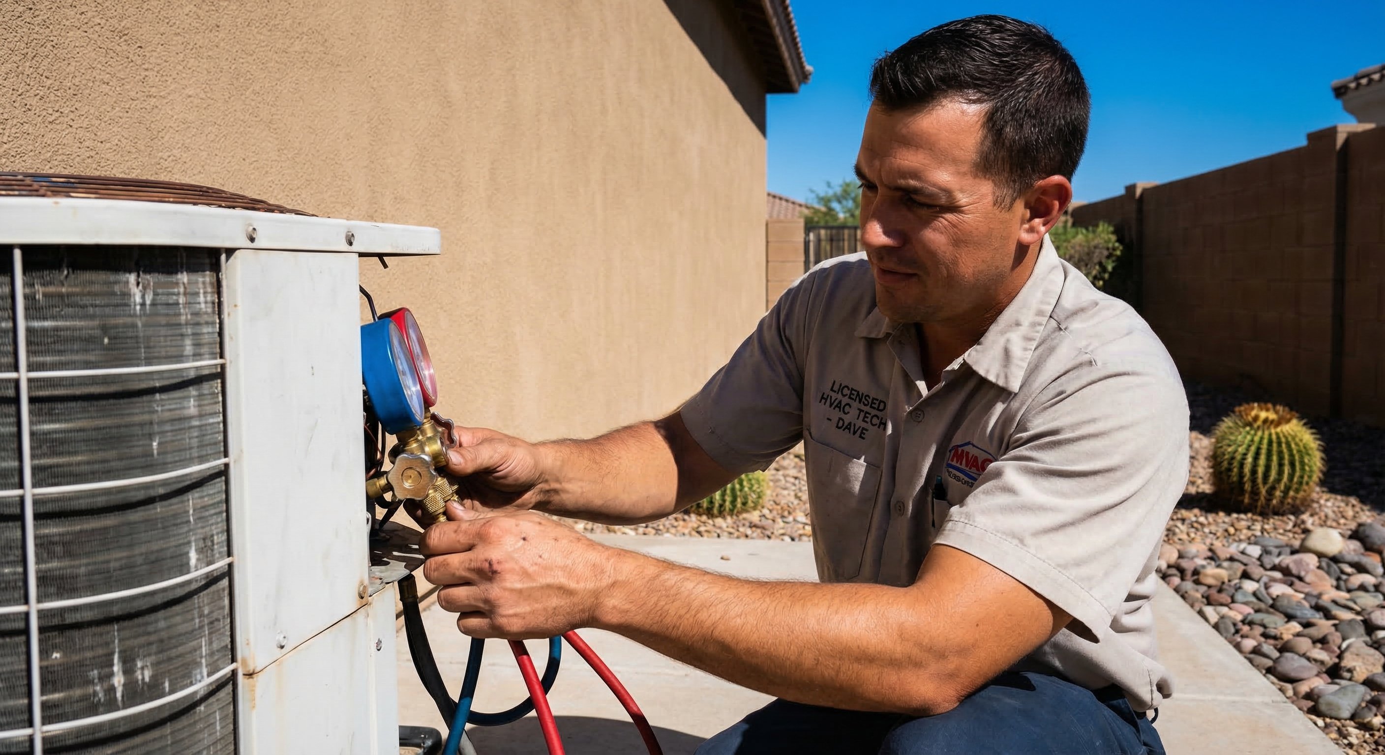 HVAC technician kneeling beside an outdoor AC condenser unit on concrete pad against a tan stucco wall in Phoenix, inspecting refrigerant lines with pressure gauges