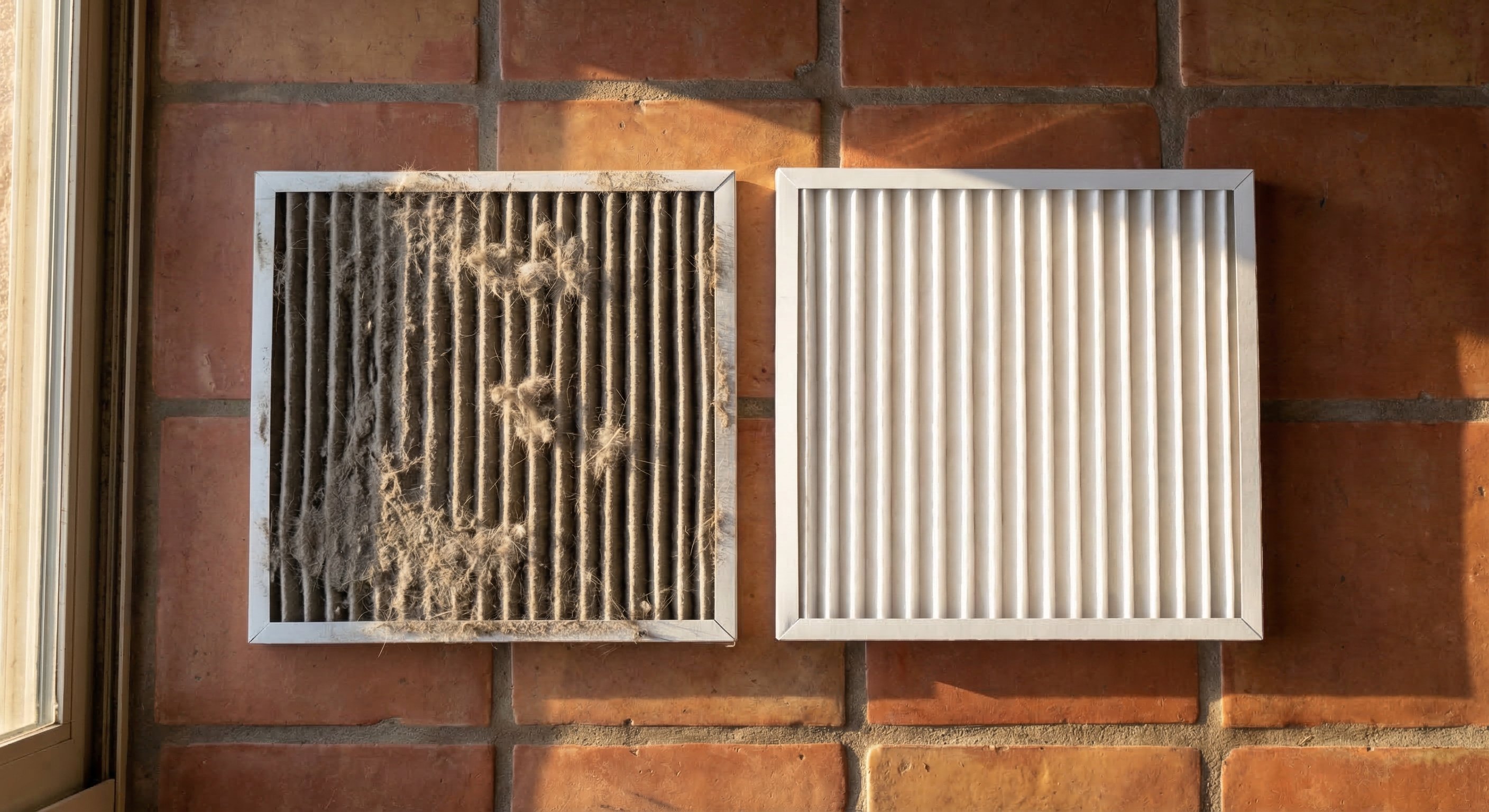 Two air filters side by side on Arizona terracotta tile floor — one heavily clogged gray filter packed with dust, one brand new white pleated replacement