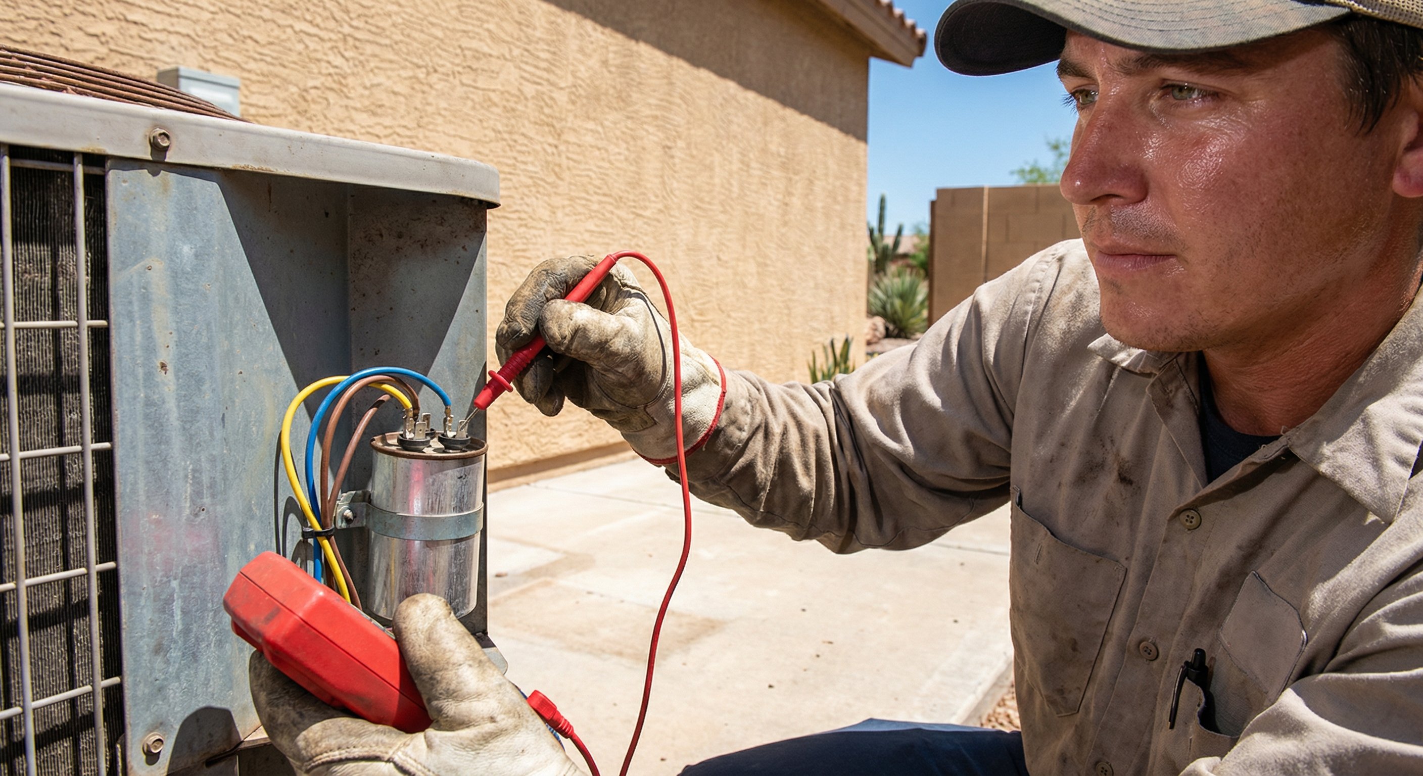 HVAC technician testing an AC capacitor with a multimeter
