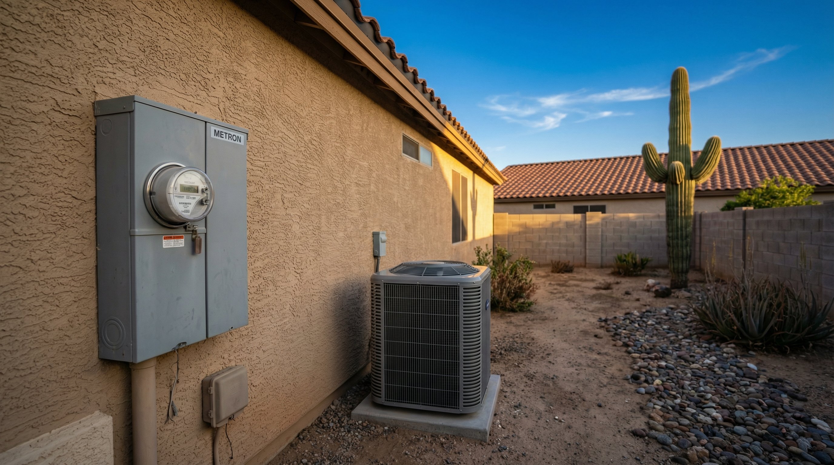 A Phoenix suburban home exterior showing the utility meter and modern AC condenser unit on the side yard