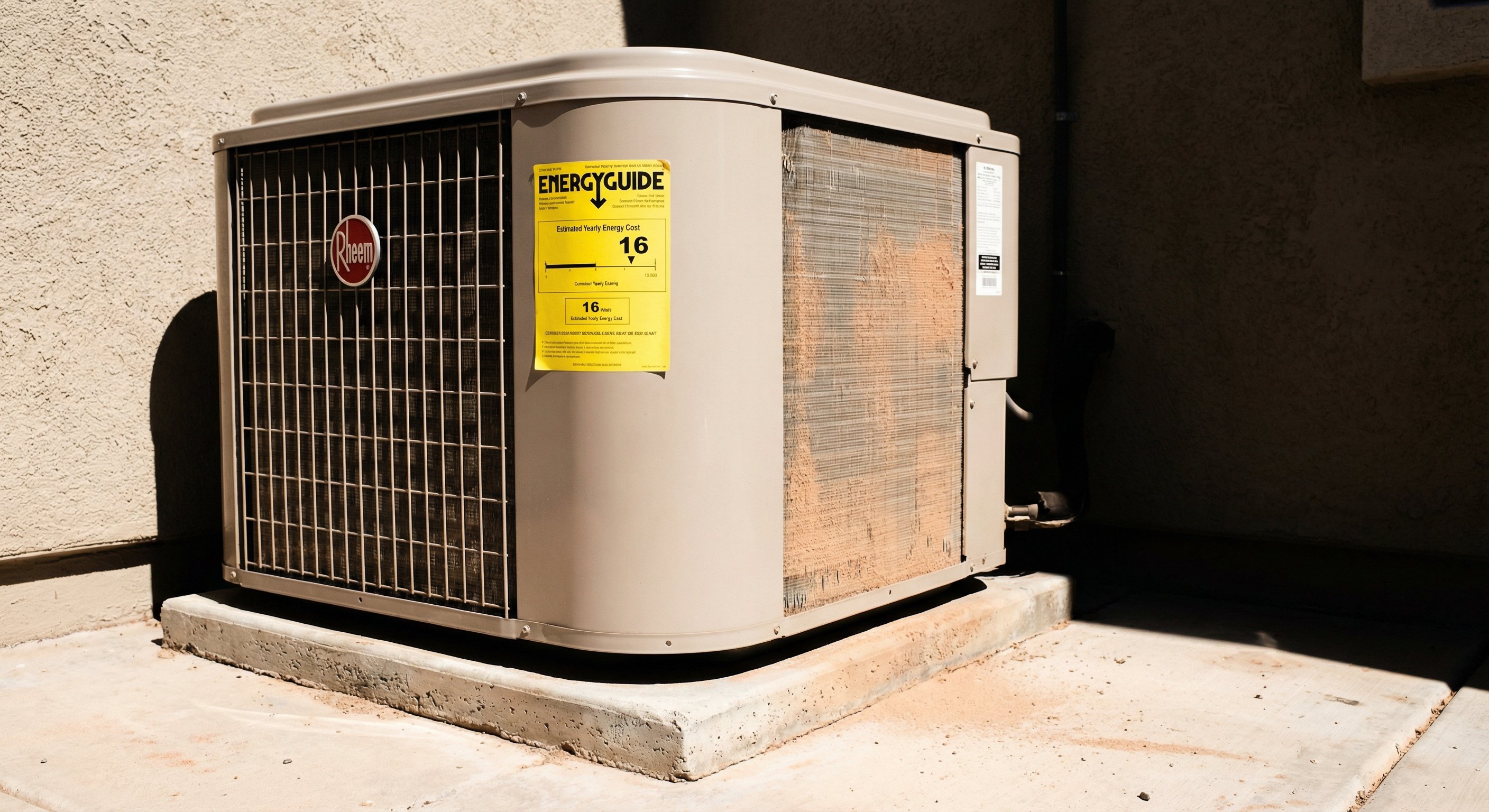 A modern AC condenser unit showing its SEER rating label and Energy Guide sticker in a Phoenix side yard