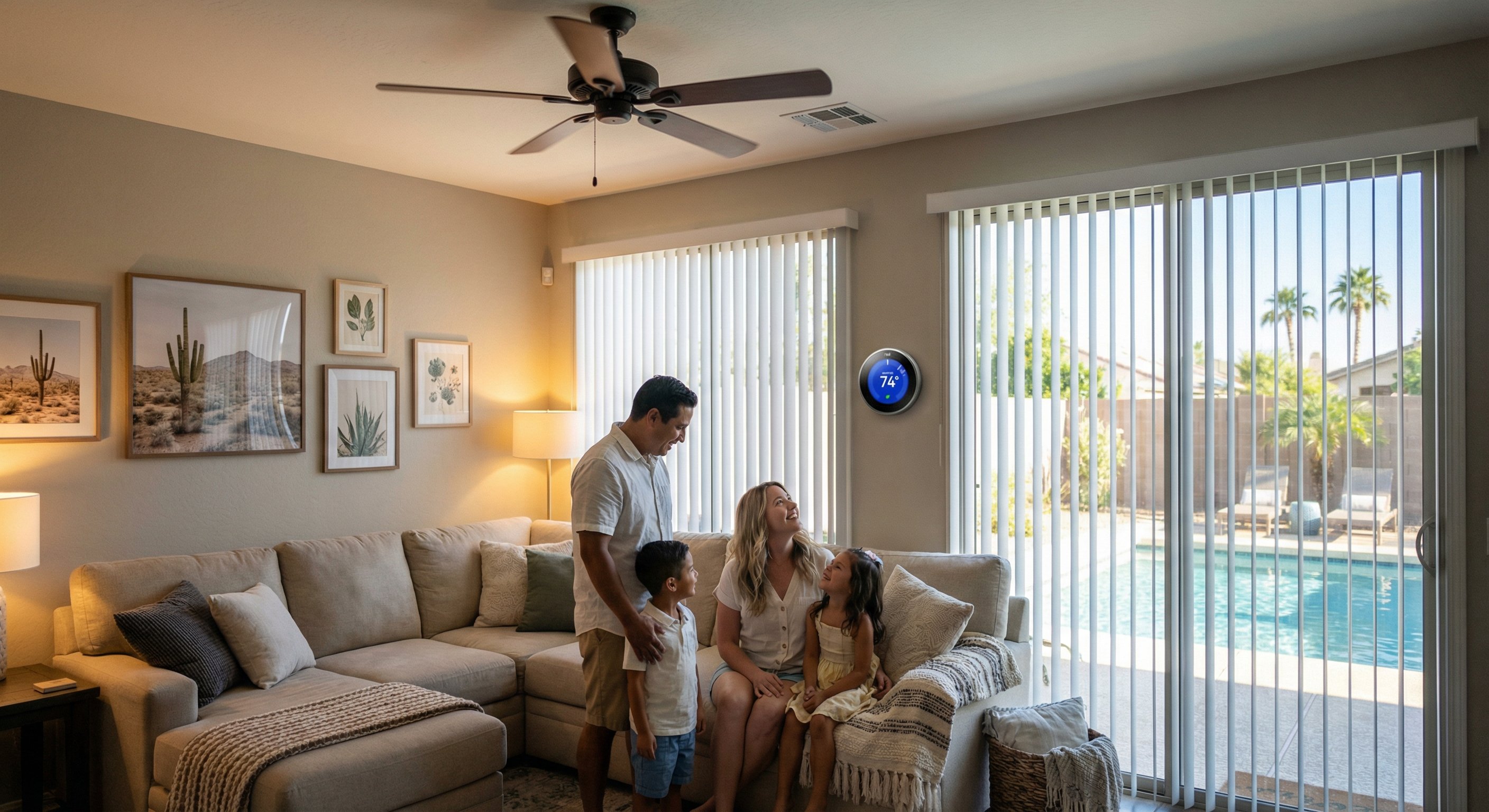 A diverse family in a cool modern Phoenix living room checking a smart thermostat showing 74 degrees