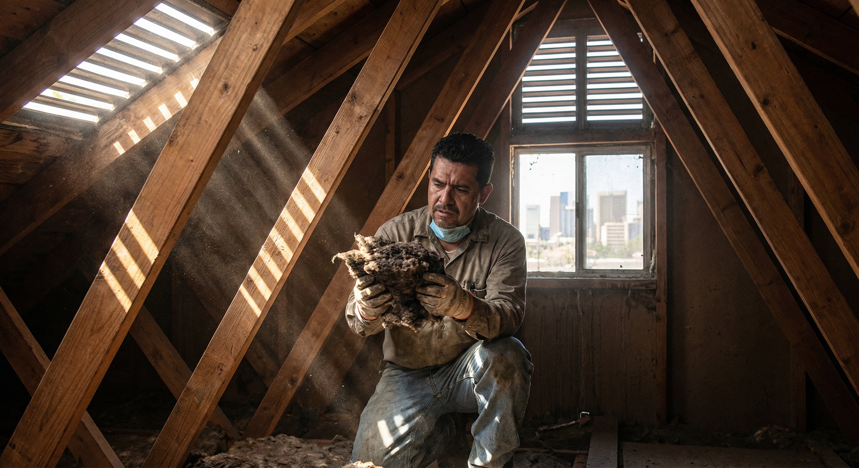 Licensed HVAC contractor inspecting attic insulation condition in a Phoenix home