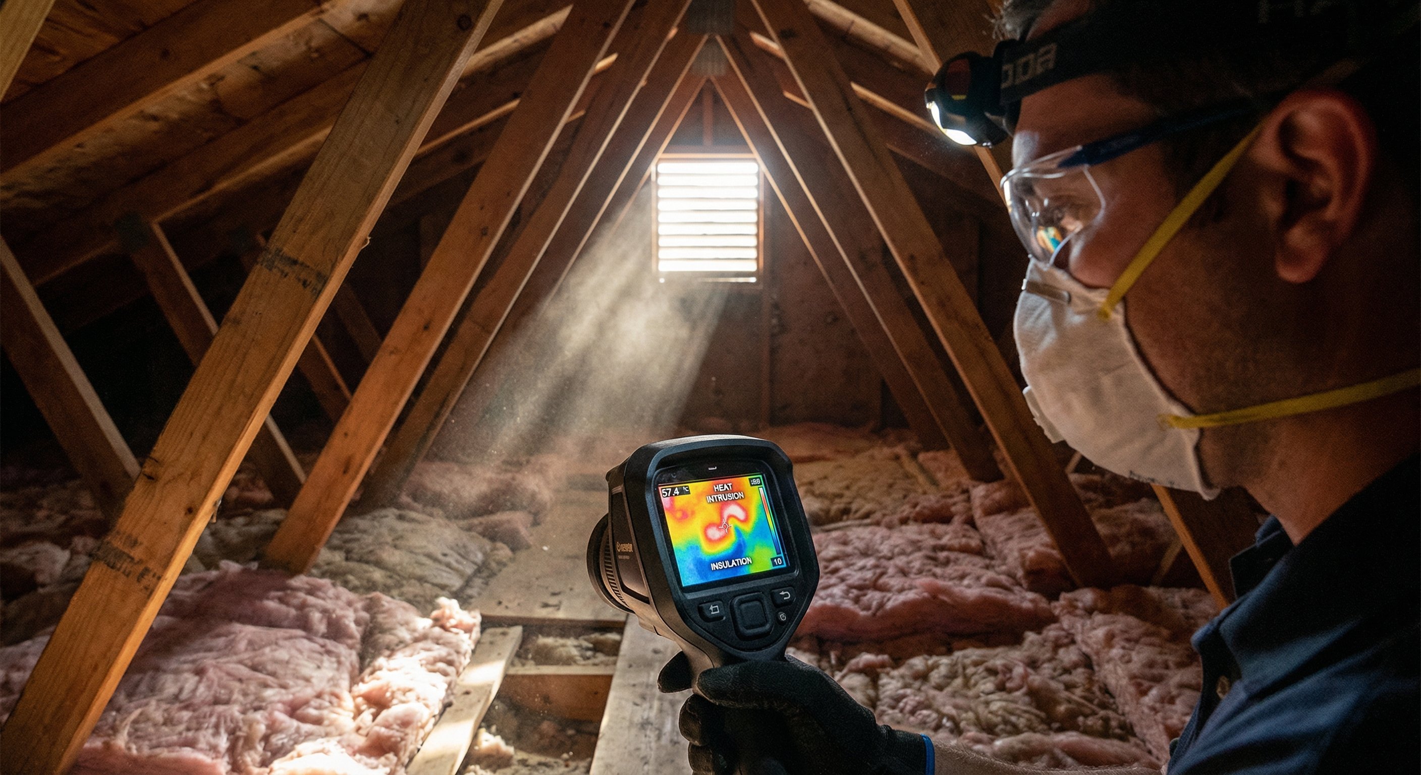 Thermal imaging camera revealing heat intrusion patterns in a Phoenix attic, showing where insulation is failing