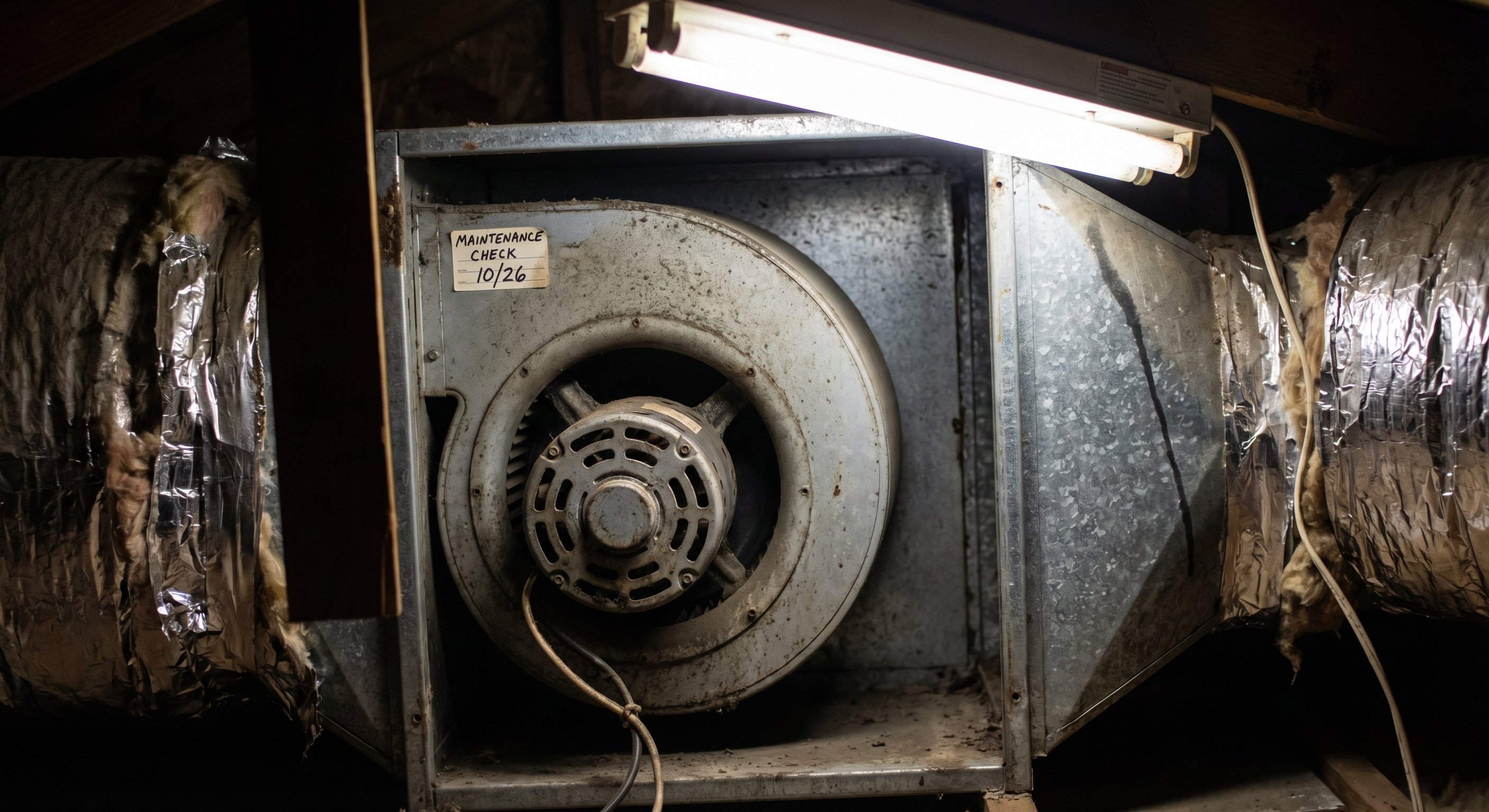 HVAC blower motor inside an attic air handler unit