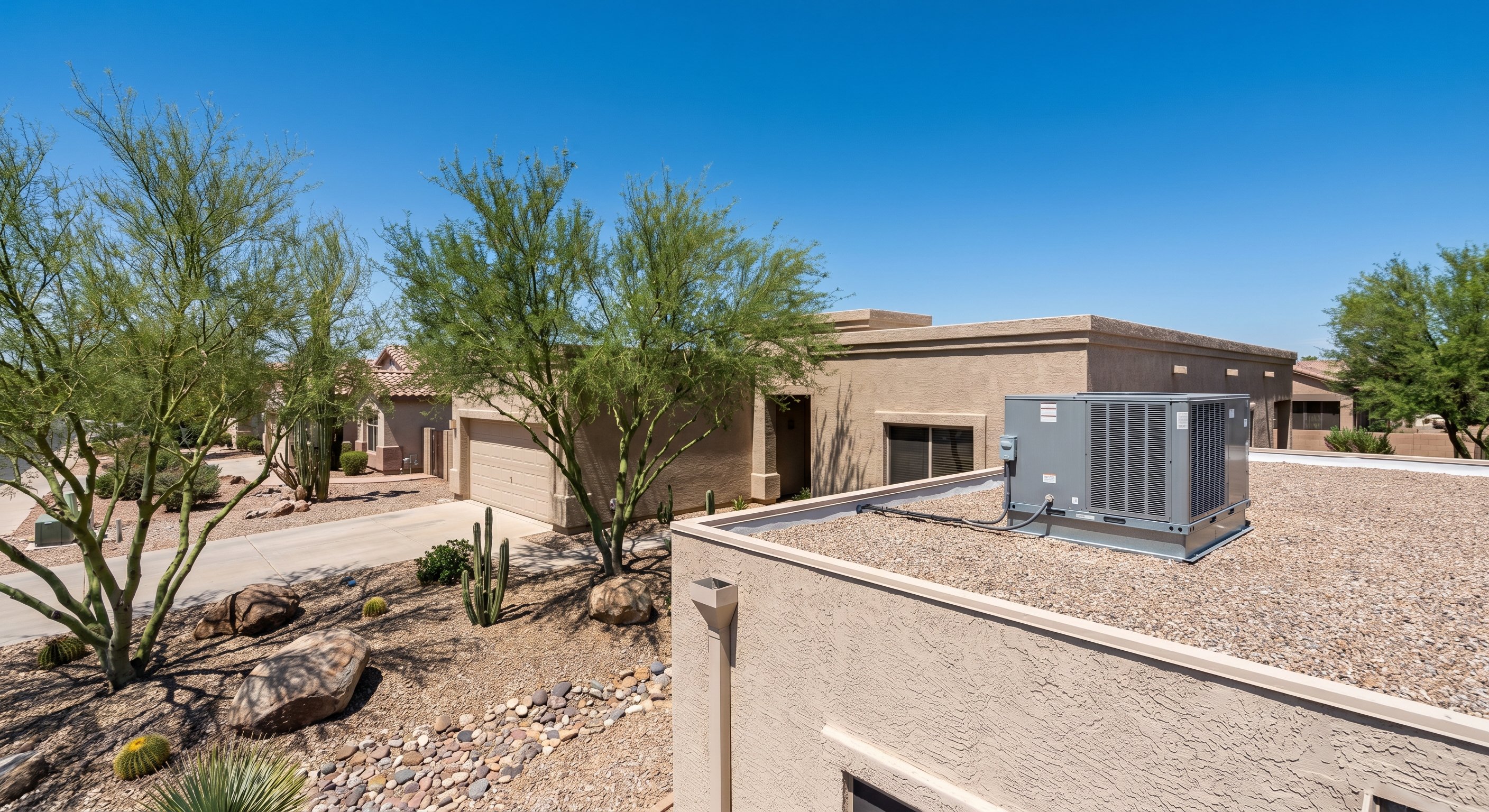 Arizona rooftop package unit on a flat-roof stucco home
