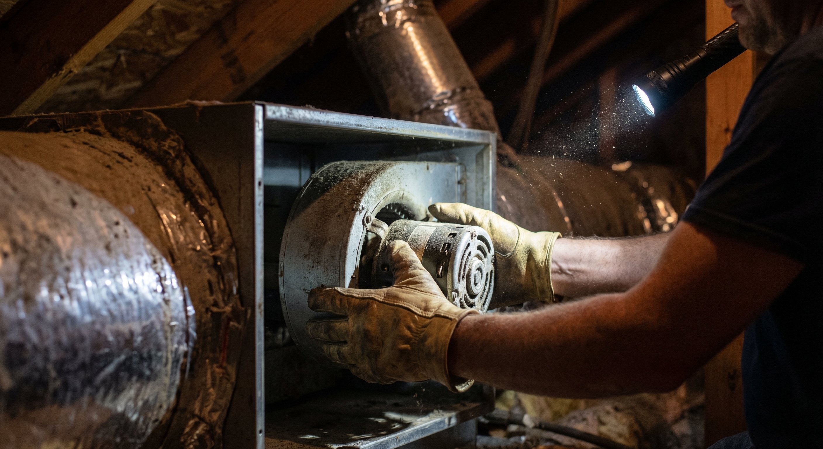 HVAC technician replacing a blower motor in an attic unit