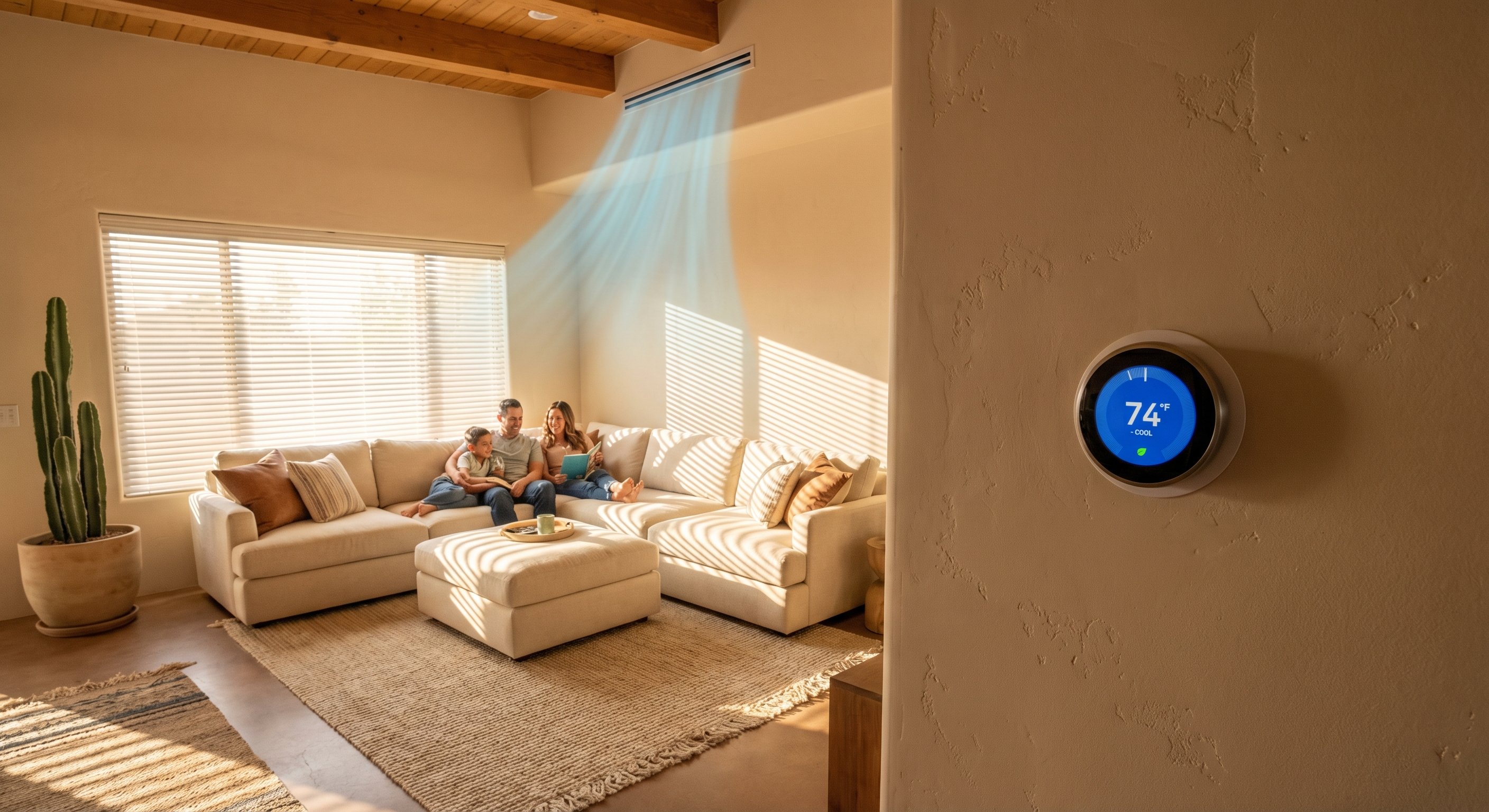 Comfortable Phoenix living room with cool air flowing from ceiling vent