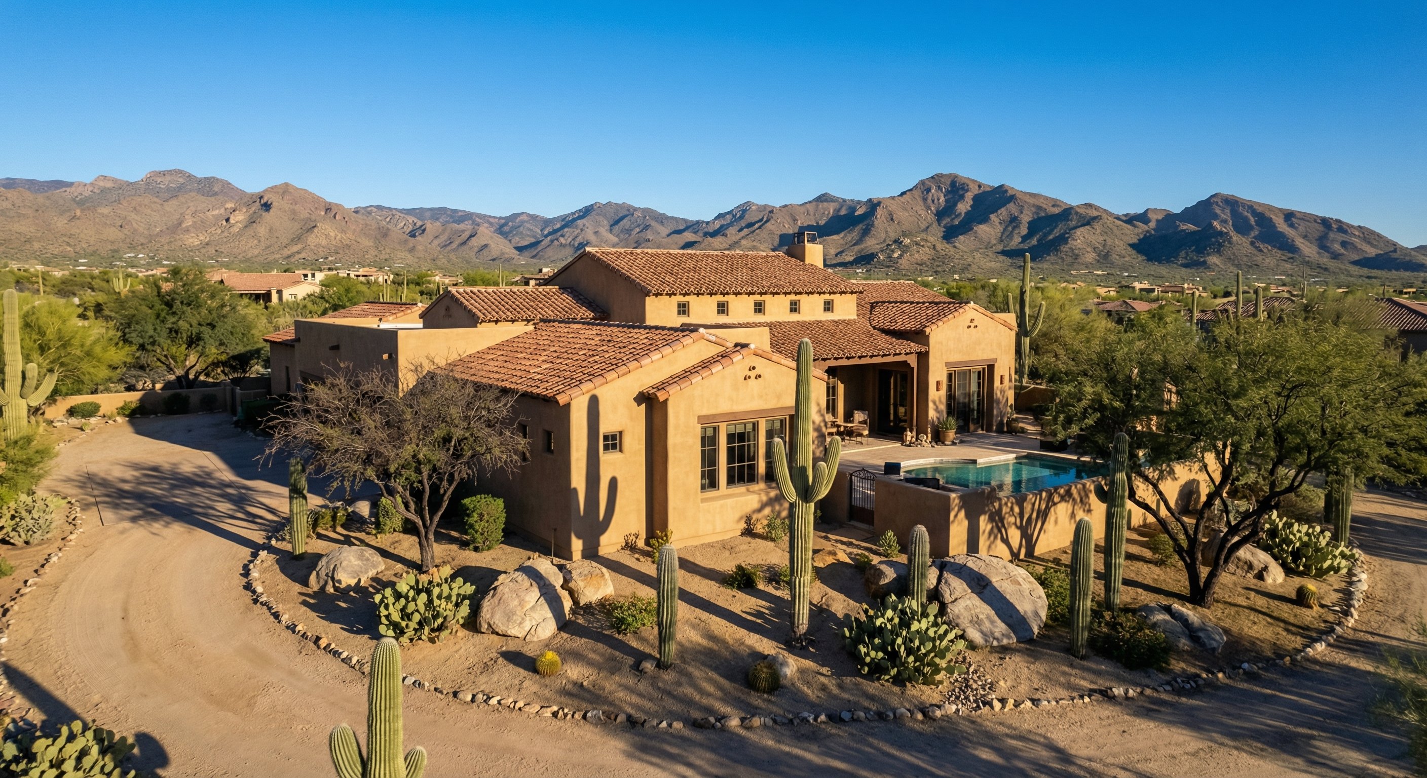Luxury Cave Creek desert home aerial with mountain views and saguaro cacti