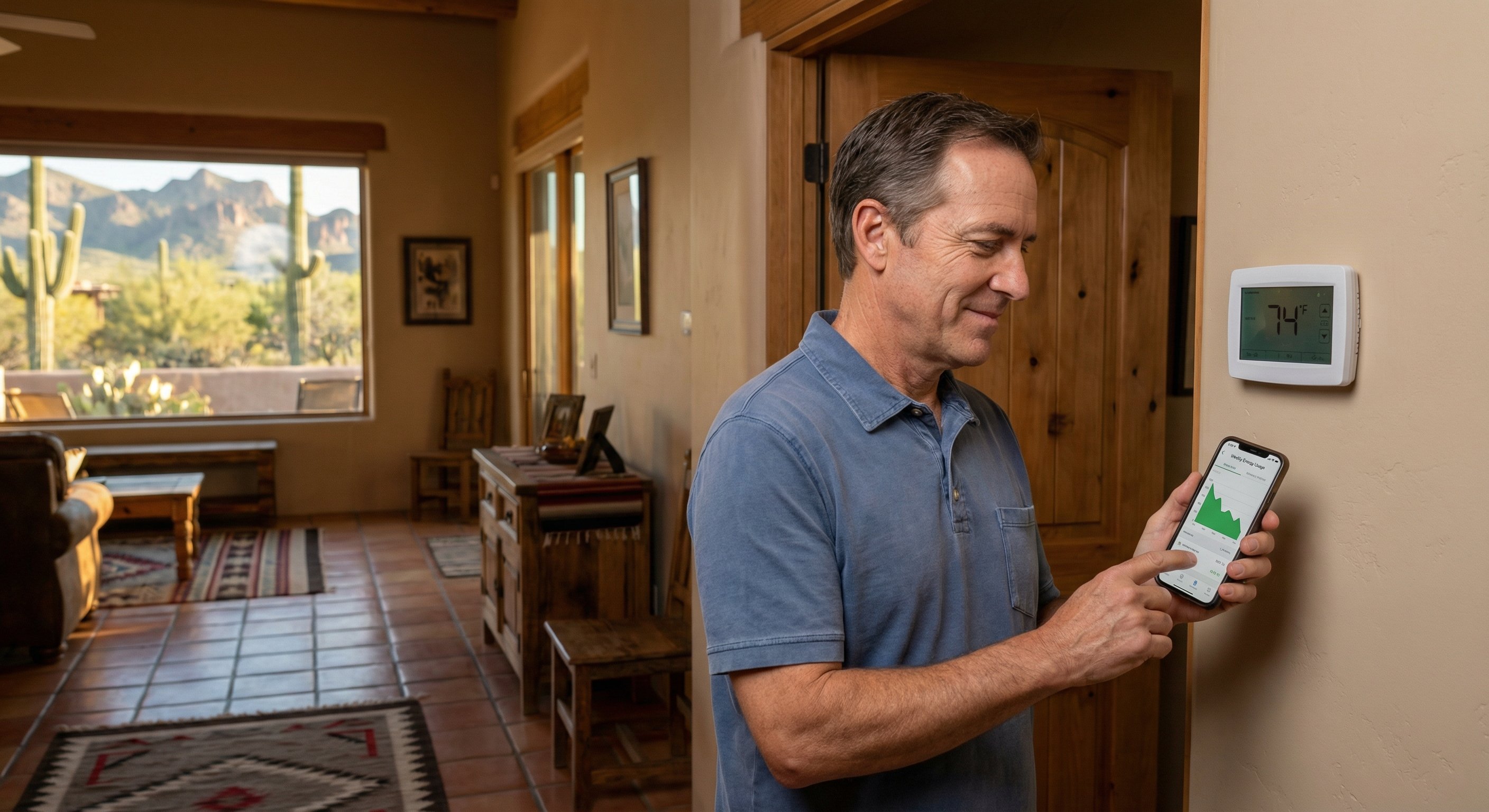 Cave Creek homeowner checking smartphone energy app near thermostat
