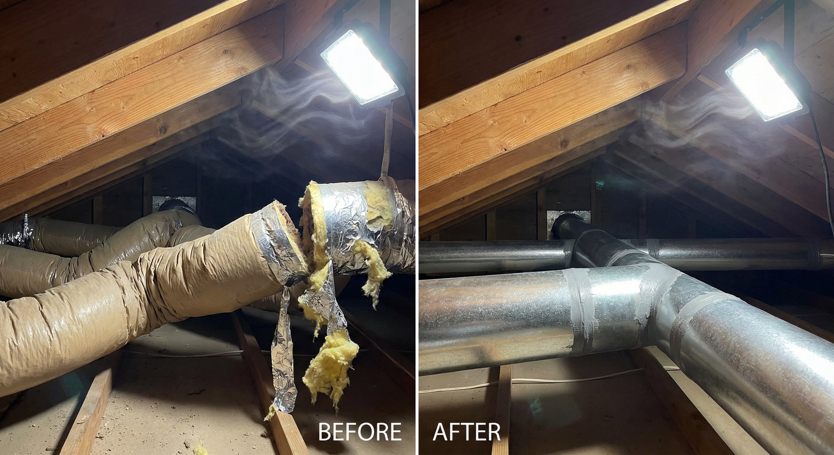 Before and after attic ductwork, damaged flex duct vs properly sealed rigid duct