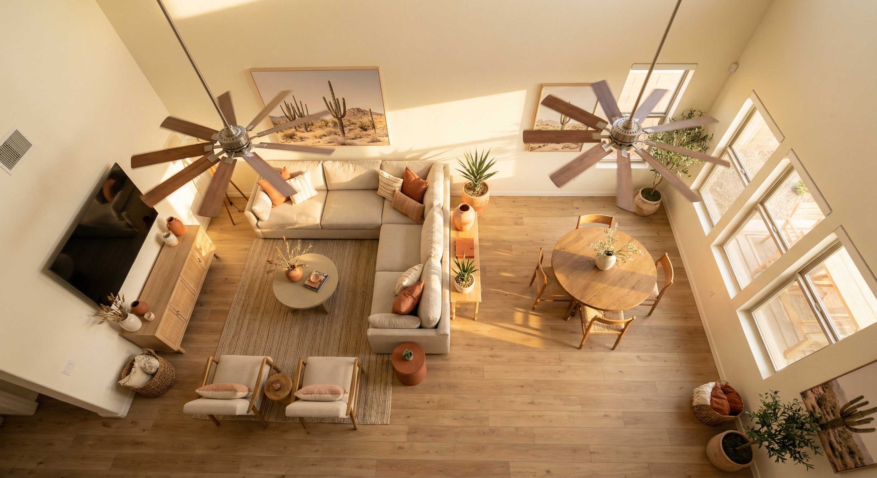 Modern Phoenix living room with two ceiling fans spinning overhead