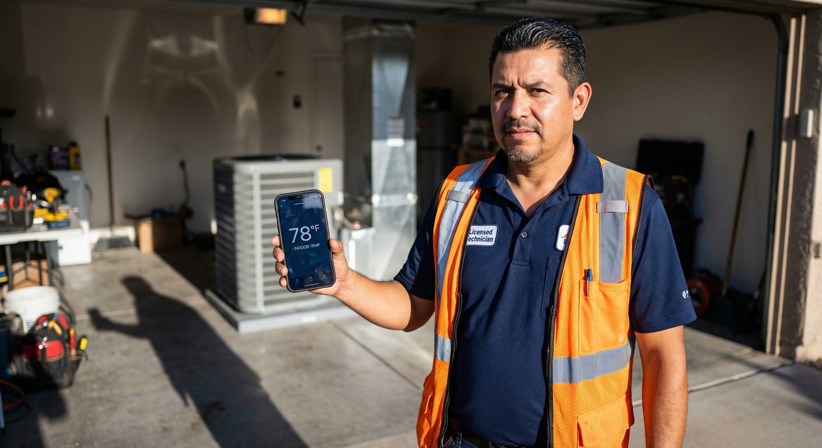 HVAC technician checking AC temperature readings in a Phoenix garage