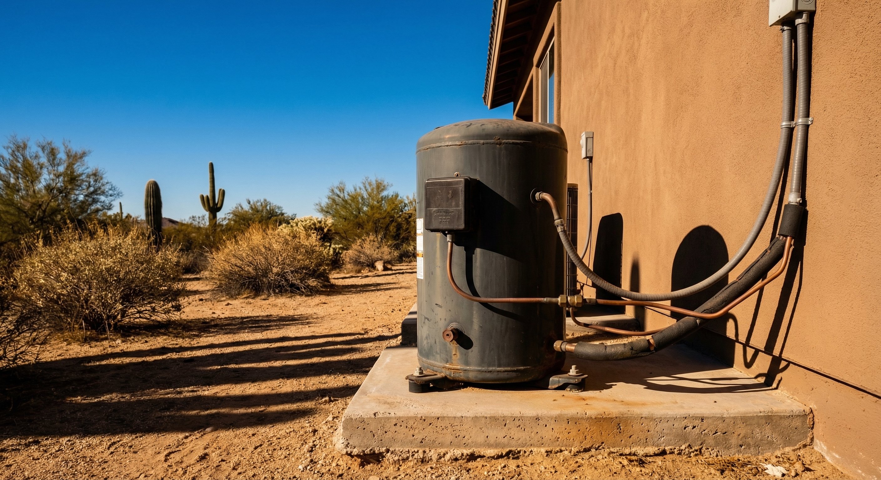 HVAC compressor unit on concrete pad next to Arizona stucco home