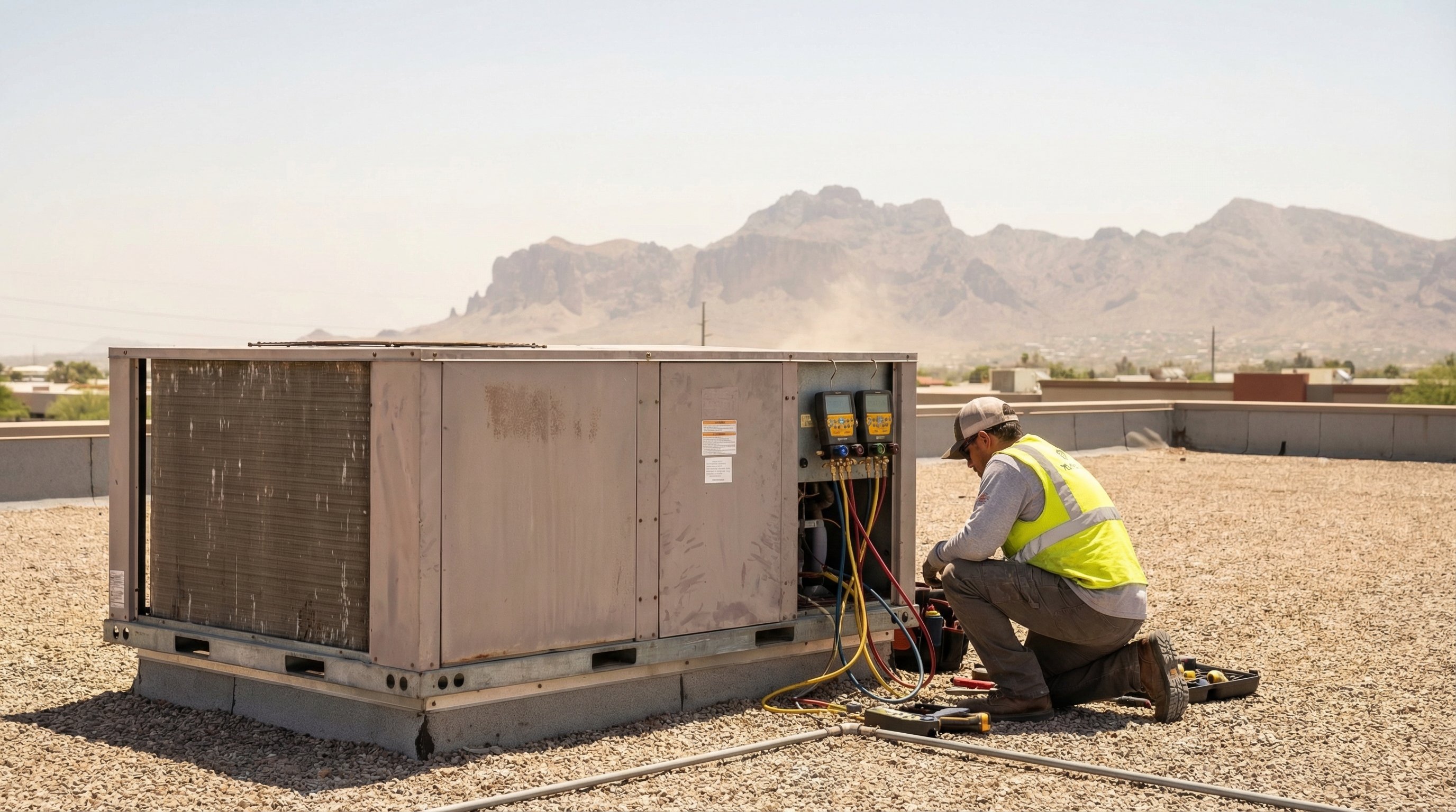 HVAC technician inspecting rooftop AC unit in Phoenix