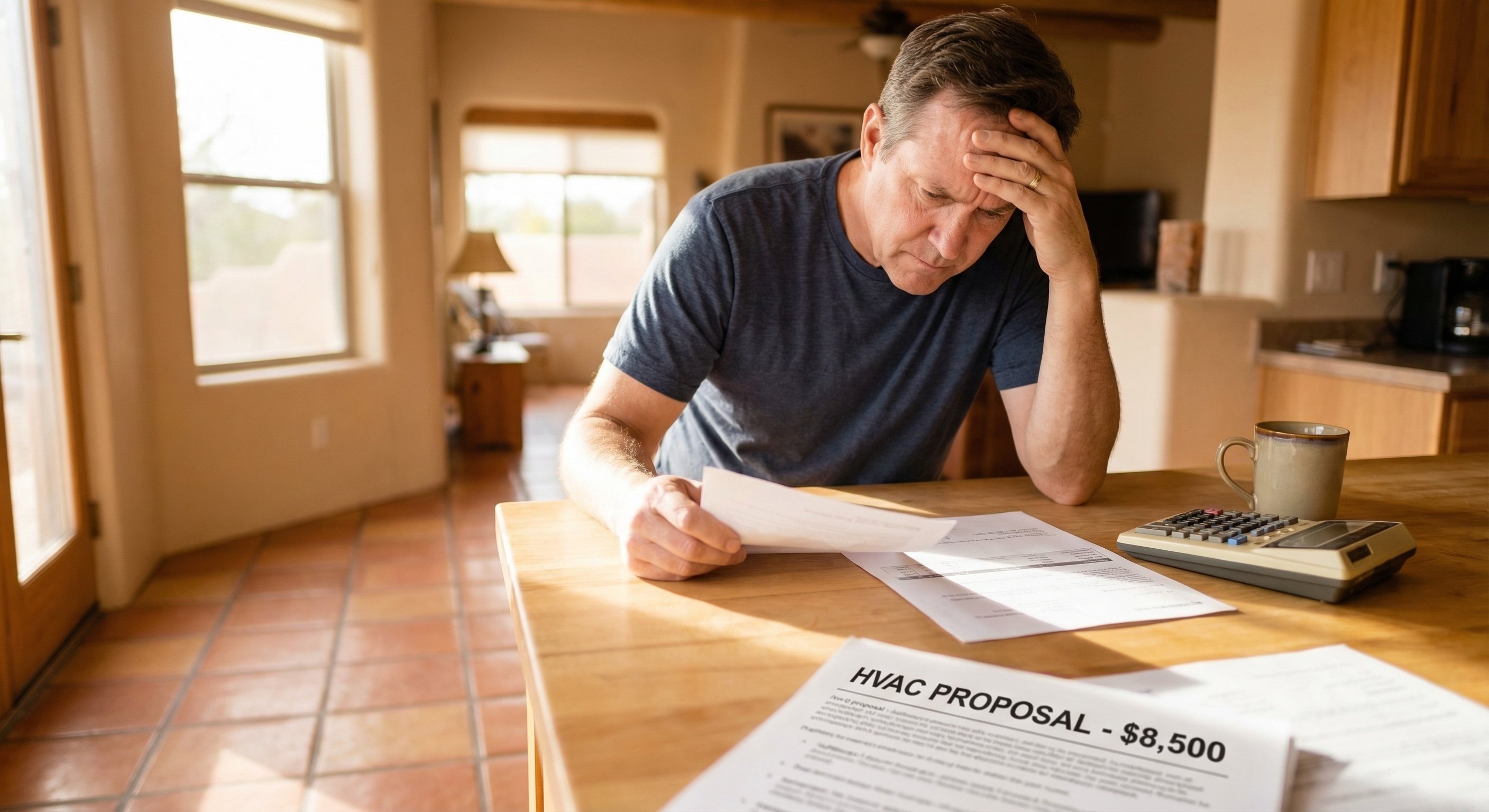 Homeowner reviewing HVAC quote at kitchen table
