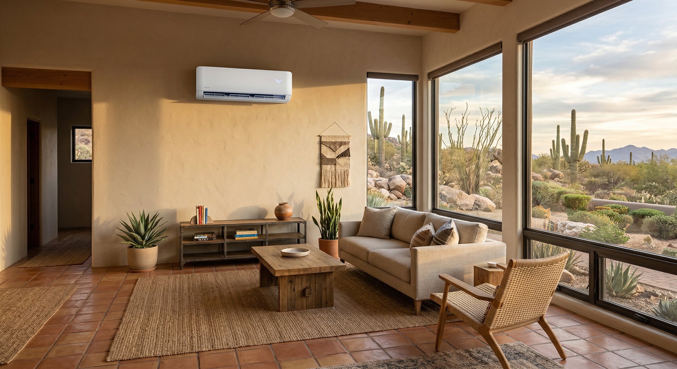 A modern ductless mini split wall unit mounted in a bright Arizona living room with desert landscaping visible through the window, late afternoon light, wide shot, 35mm lens, f/5.6