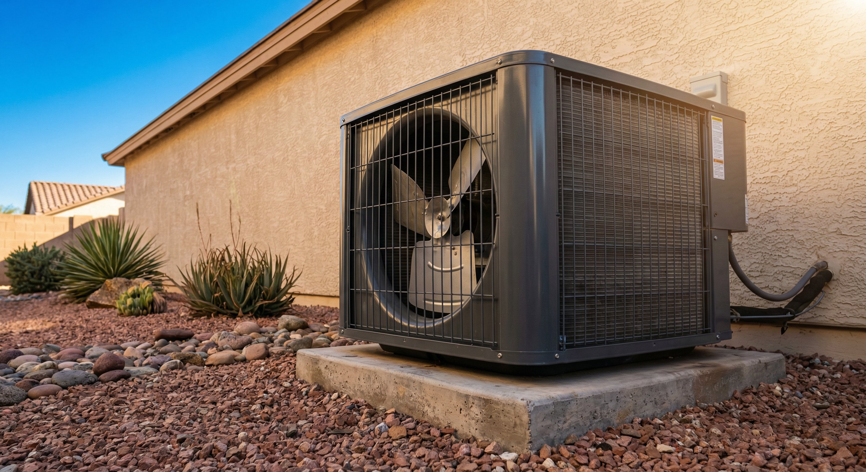 Modern HVAC condenser unit on a concrete pad in a Phoenix residential setting, desert landscape with gravel and rocks, Arizona sky, professional installation. 50mm lens, shallow depth of field.