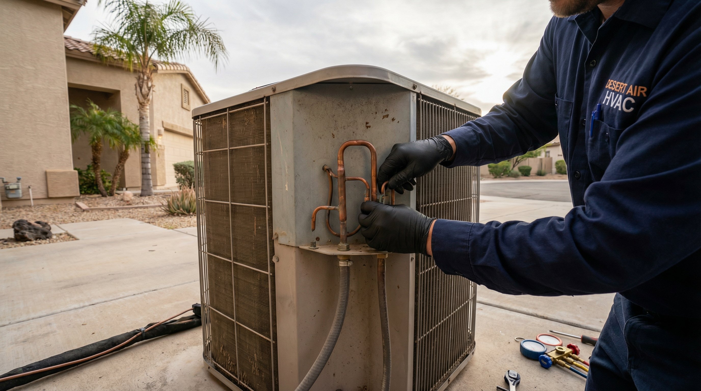 Interior of a Mesa Arizona living room with a wall-mounted ductless mini-split indoor unit mounted high on a stucco wall, showing the clean low-profile design. Southwest decor, afternoon golden light through windows with mountain views in distance. Wide angle lens, shallow depth of field.