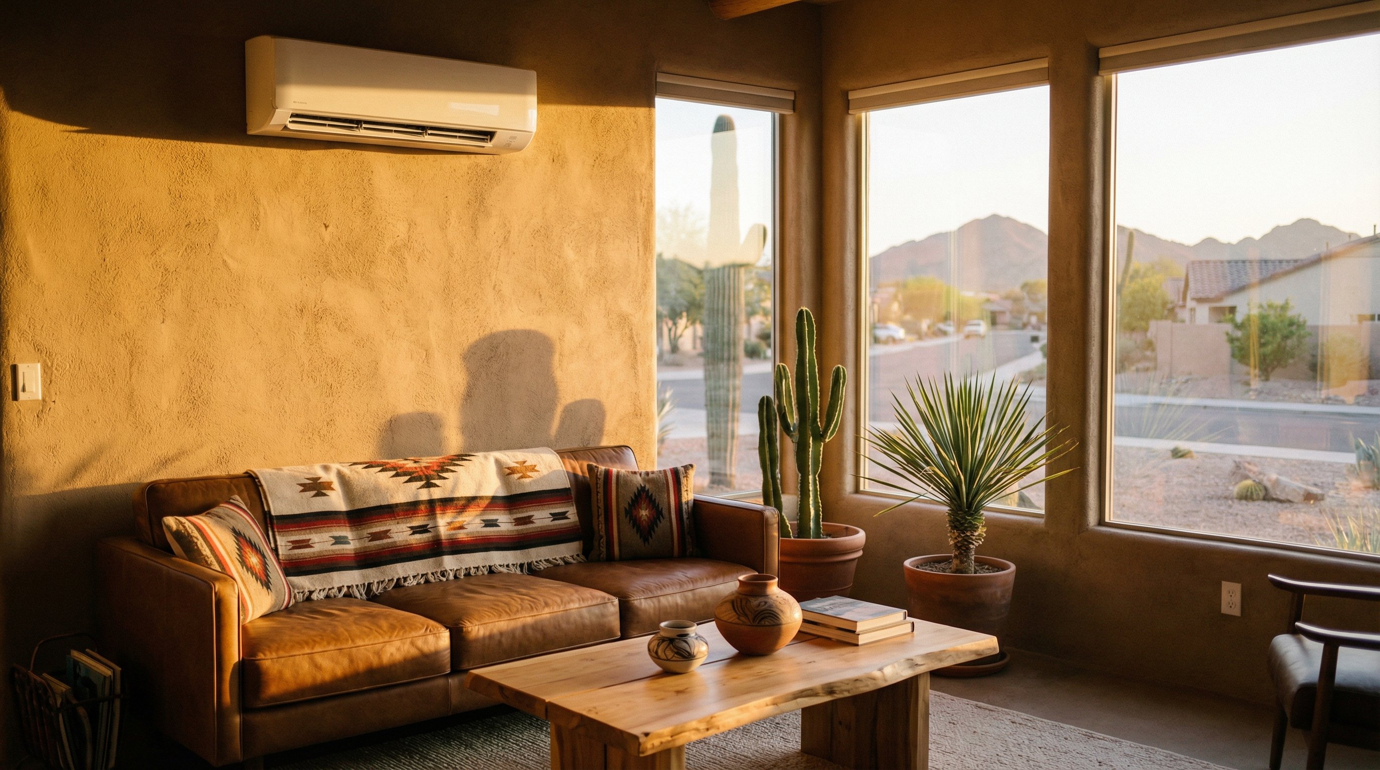 Editorial flat lay of HVAC system diagrams, handwritten notes, digital caliper, and printed efficiency ratings on a kitchen table with warm afternoon light. Clean practical tool-focused photography, top-down angle, 35mm lens.