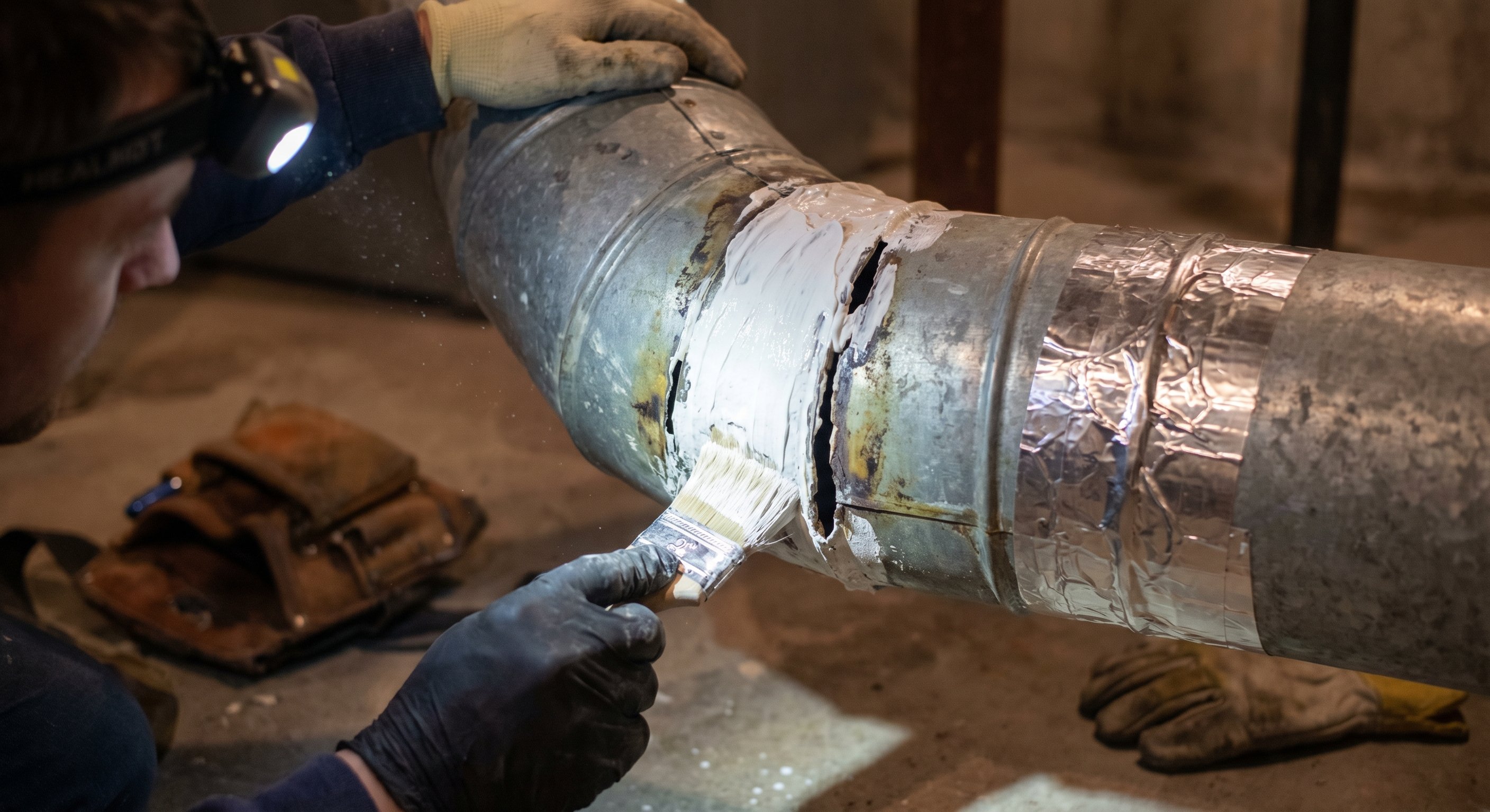 HVAC technician sealing duct joints with mastic sealant