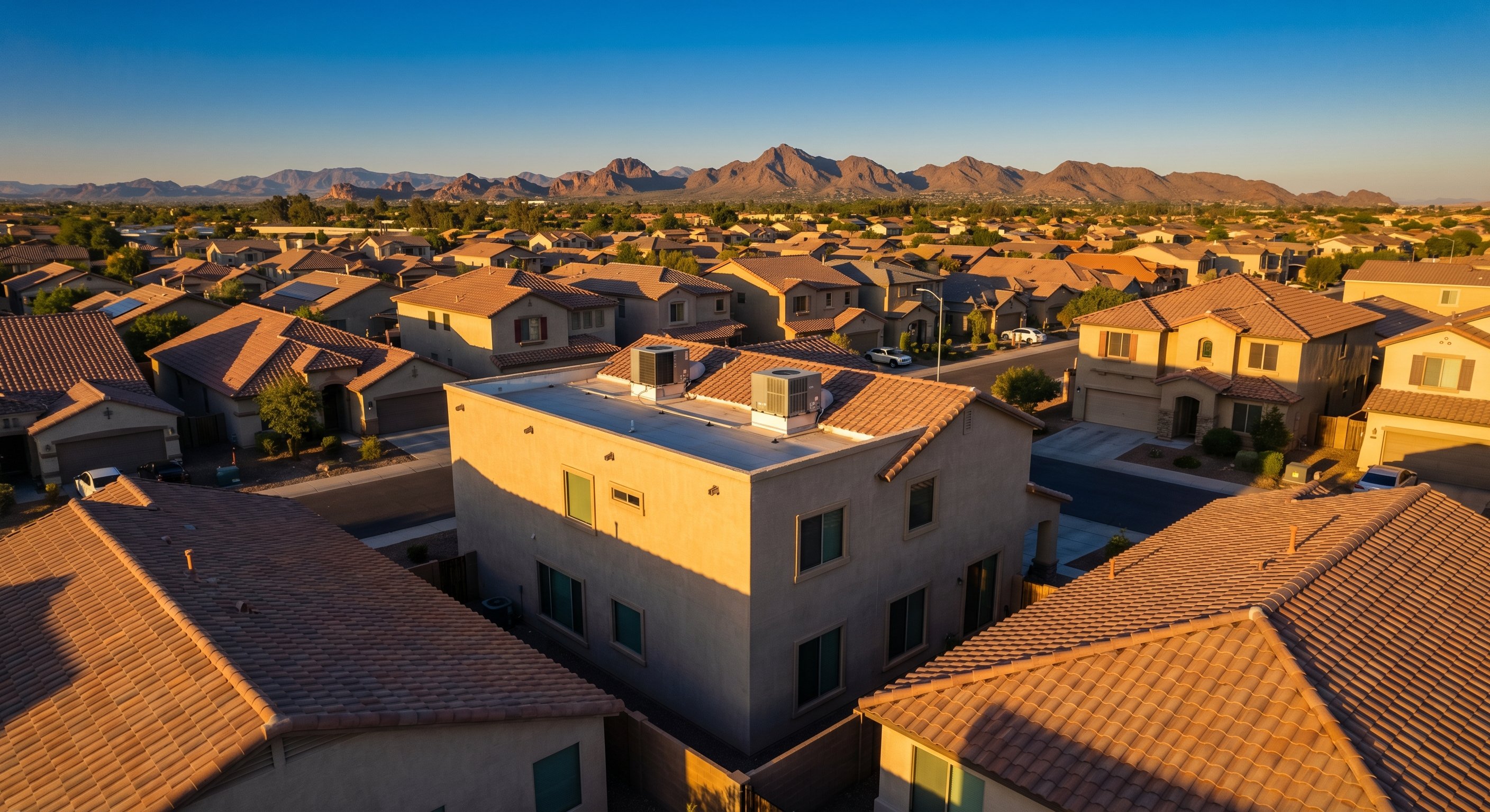 Aerial view of Phoenix neighborhood showing dual HVAC systems on two-story homes