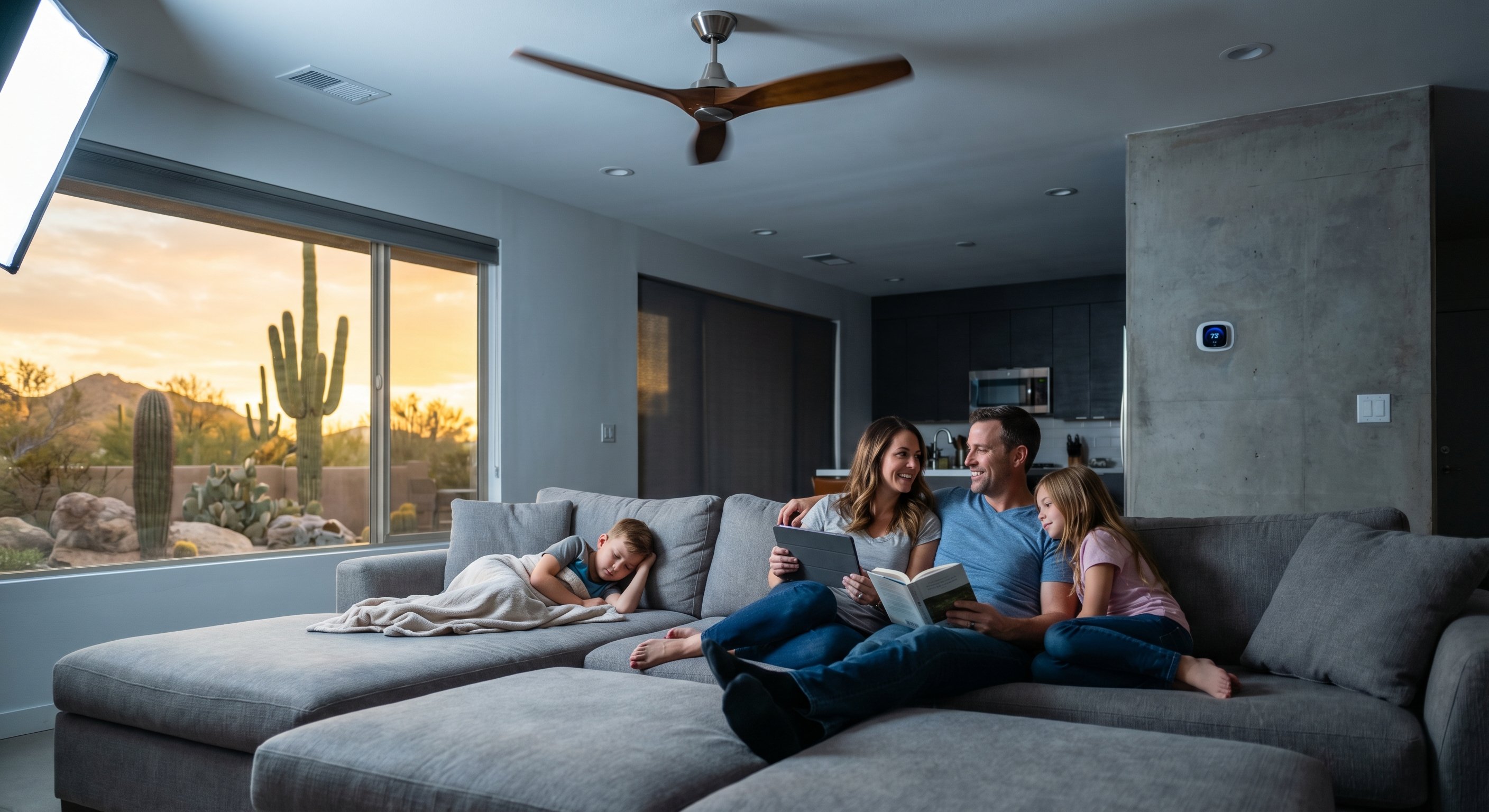 Family relaxing in a cool Mesa living room after a Phoenix summer day