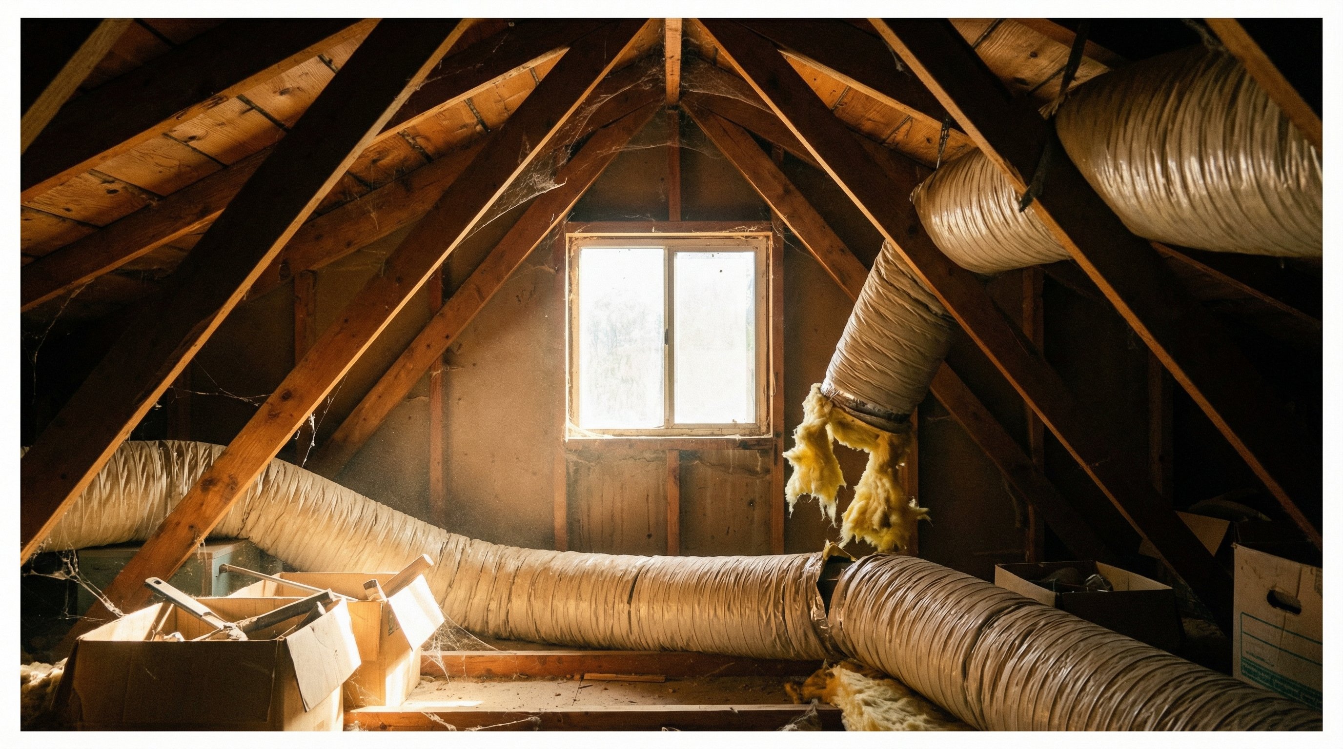 Dusty Phoenix attic with disconnected flex duct joint and loose insulation