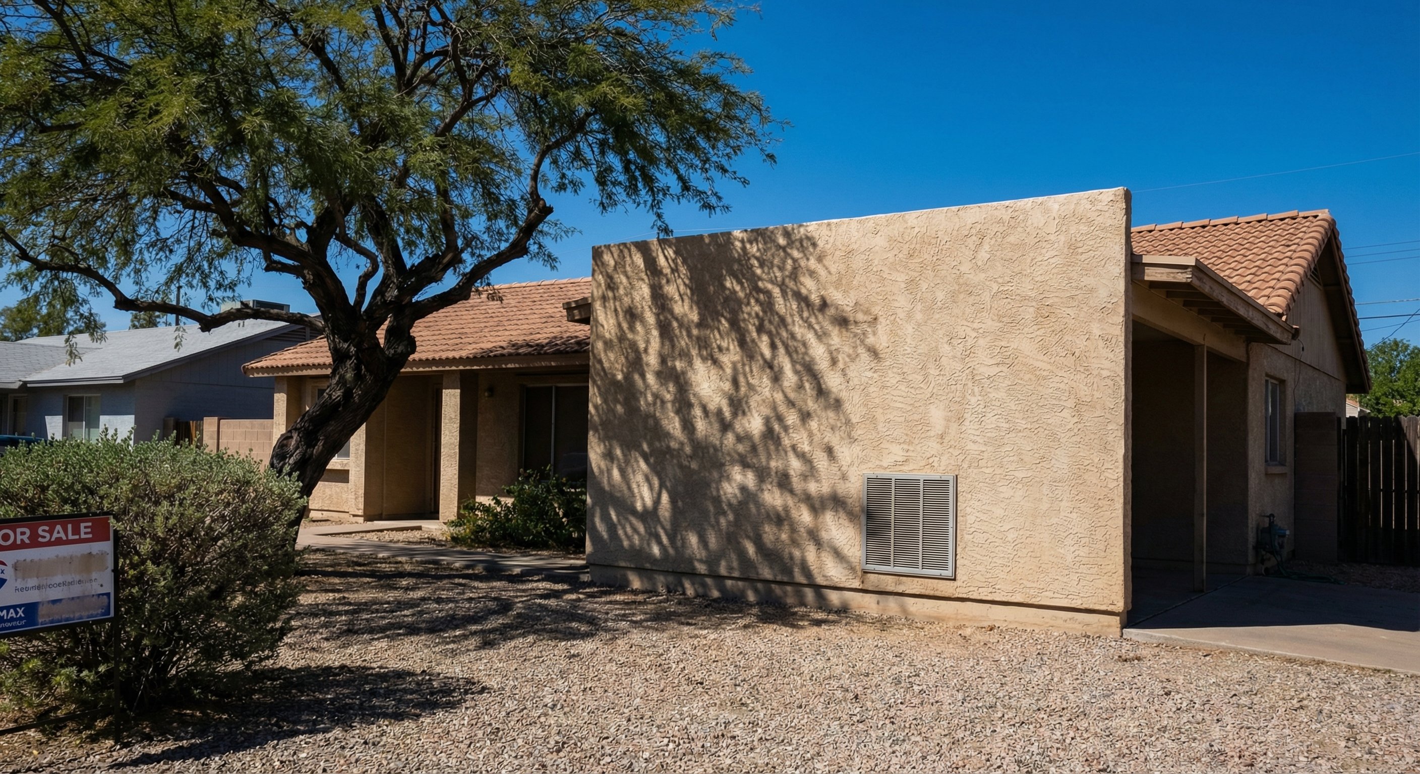 1970s Phoenix stucco home with room addition and exterior air register visible