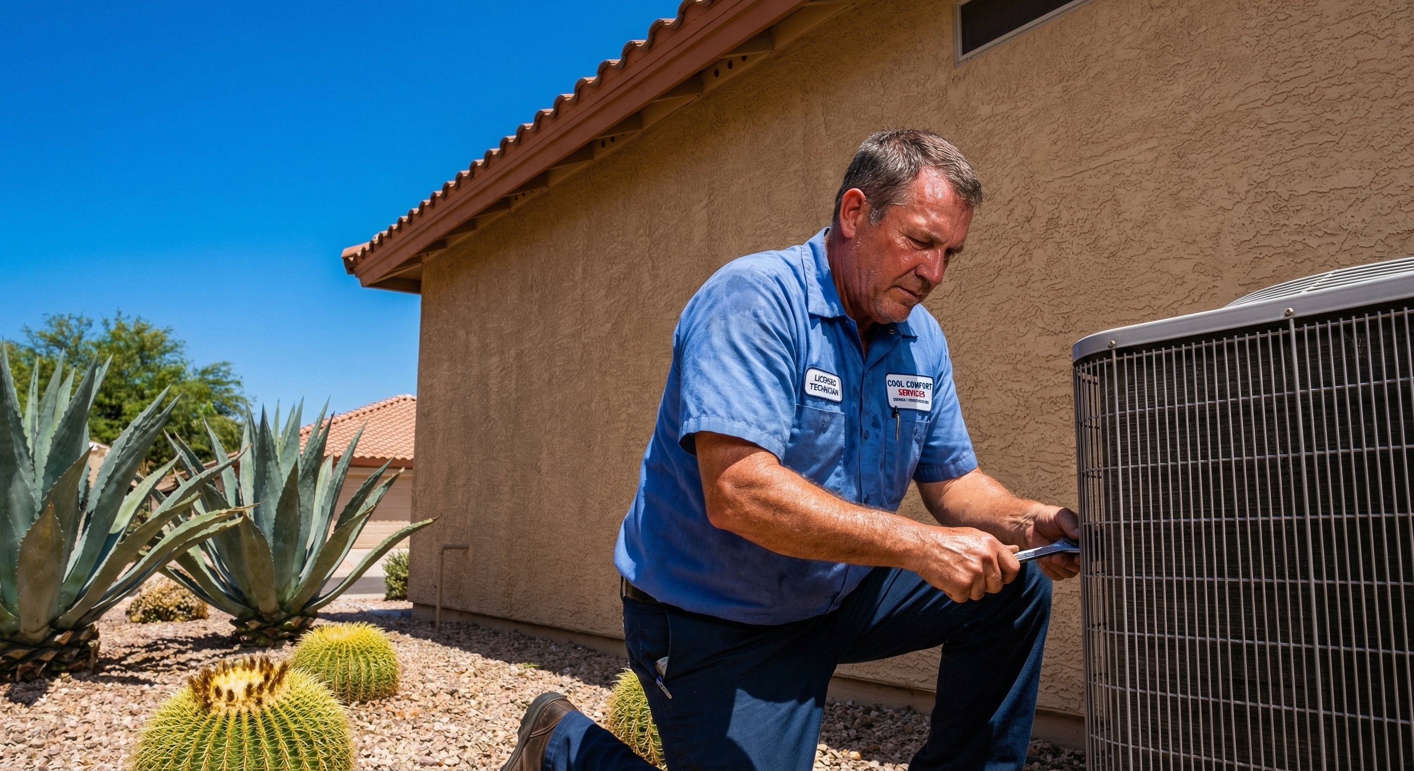 HVAC technician working on outdoor AC condenser unit at Arizona stucco home during bright midday sun, desert landscaping visible