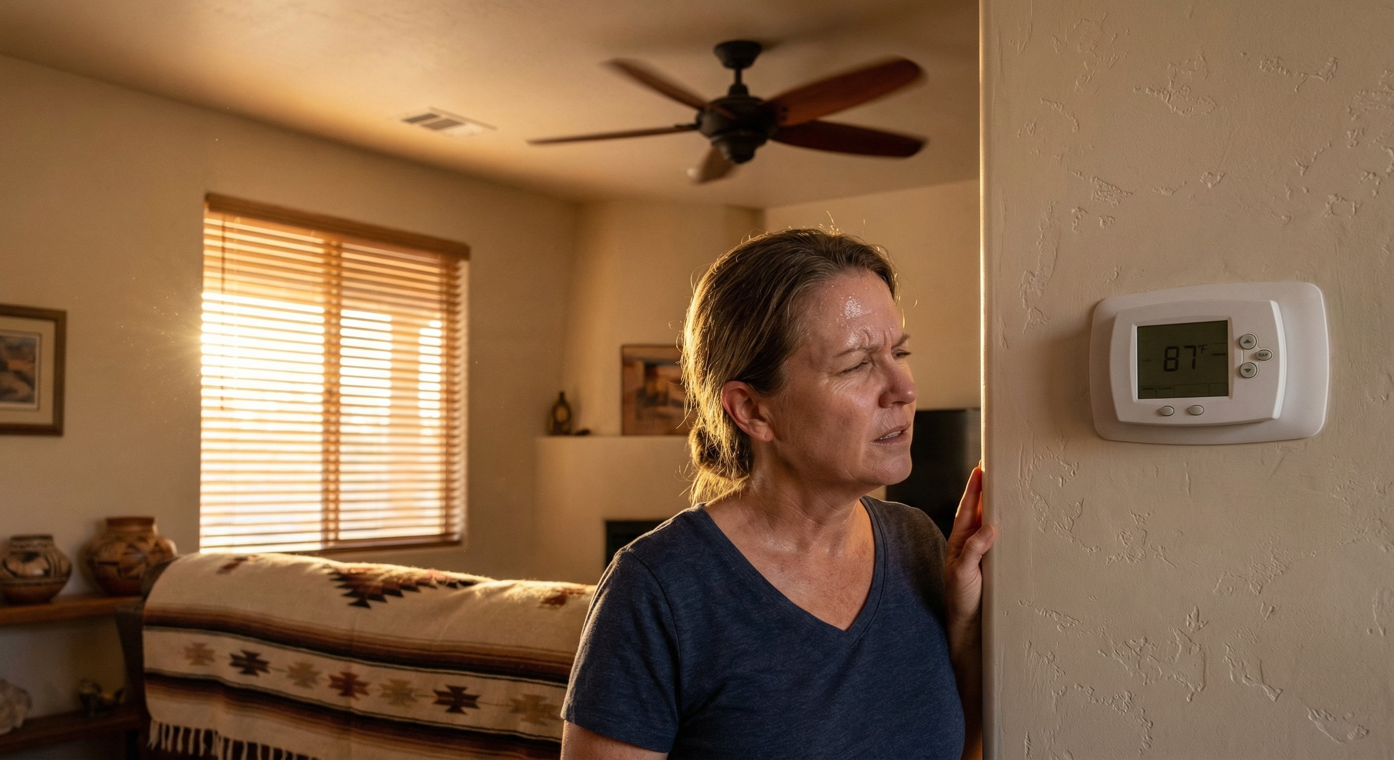 Concerned homeowner checking thermostat showing 87 degrees in warm Arizona home