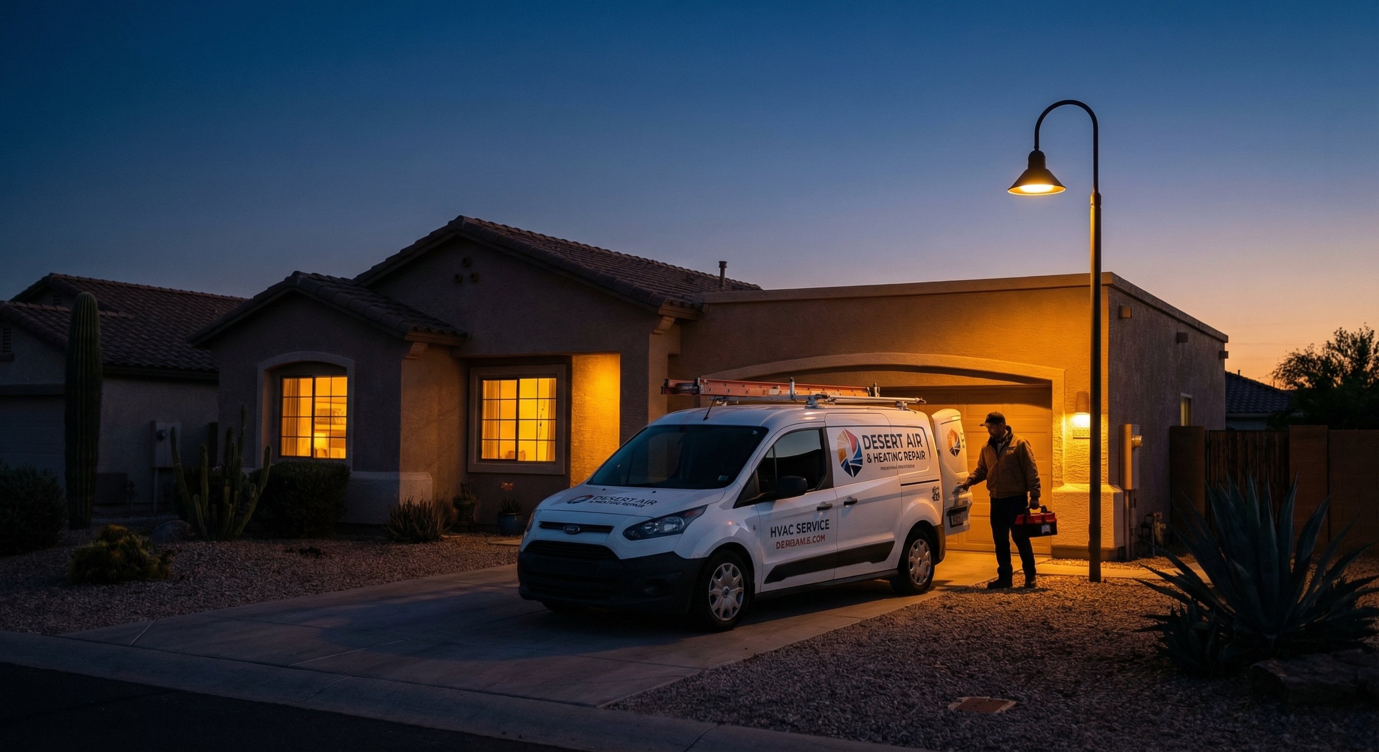 HVAC service van parked at Arizona home driveway at dusk Friday evening, house lights on
