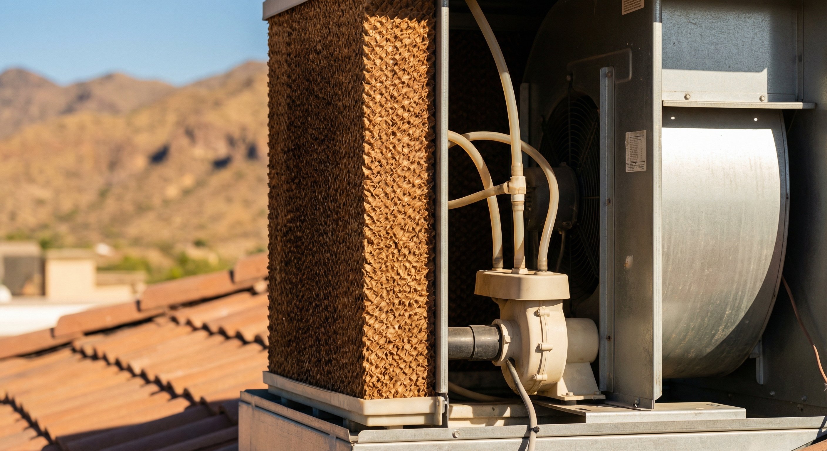 A close-up of a rooftop evaporative cooler with visible cooling pads and water distribution system against a clear Arizona sky