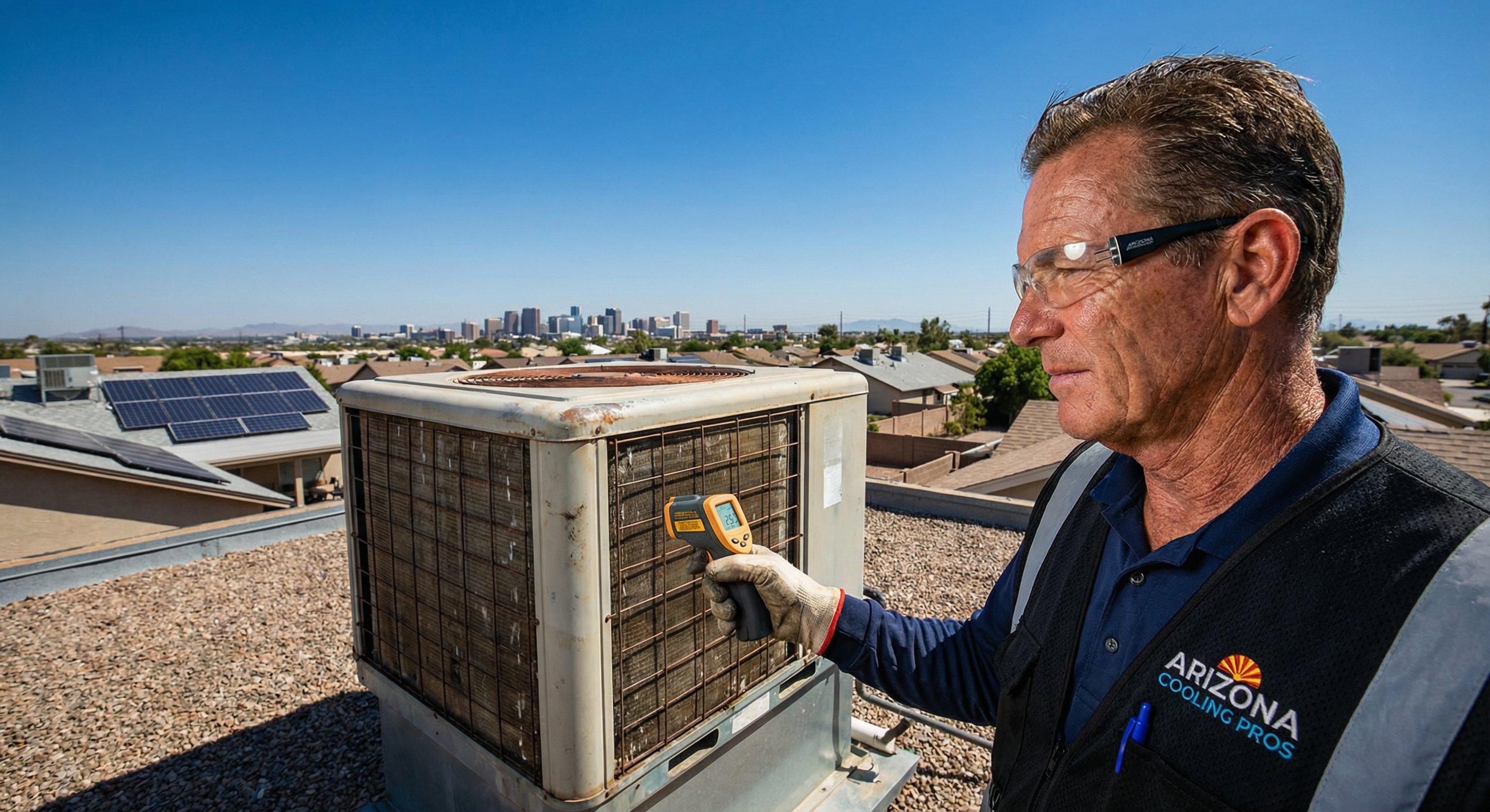 An HVAC technician on a Phoenix rooftop taking measurements on an evaporative cooling unit on a hot afternoon