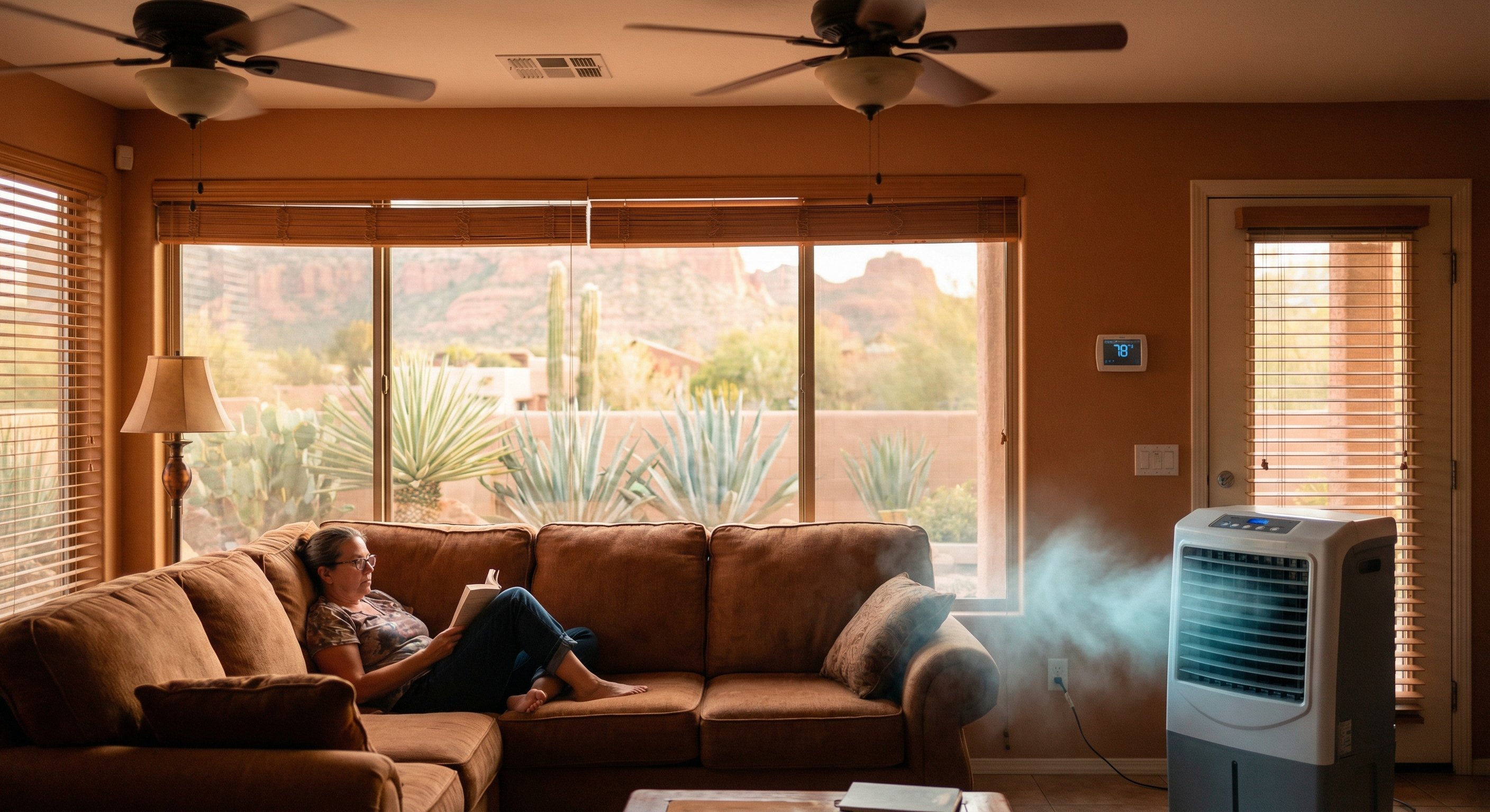 A comfortable Phoenix living room with ceiling fans and cool air flowing from vents, a homeowner relaxing during a hot summer day