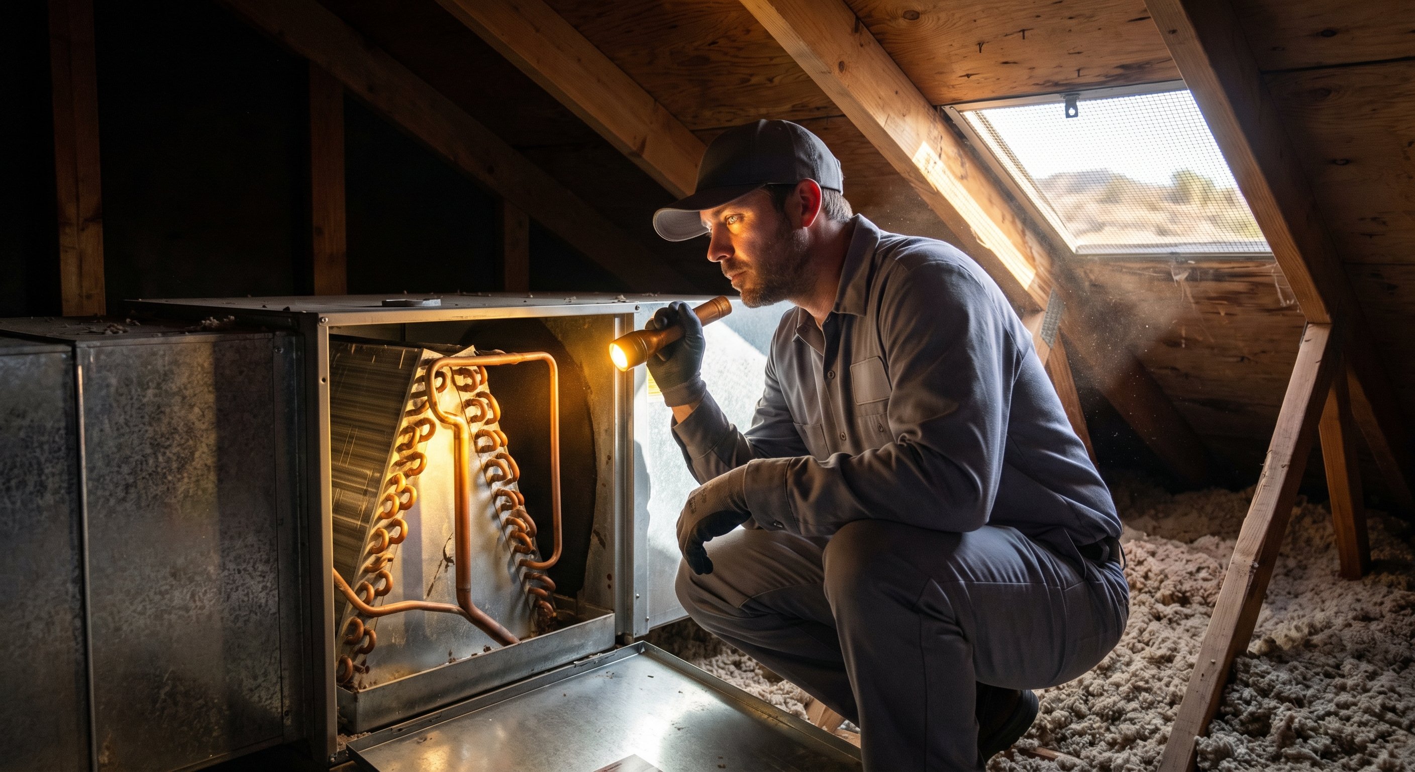 HVAC technician inspecting evaporator coil in attic air handler