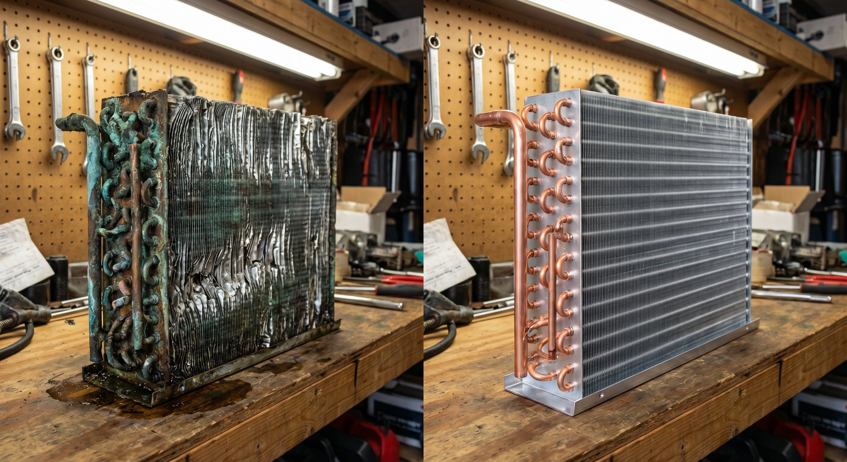 Before and after comparison of old corroded coil versus new clean evaporator coil
