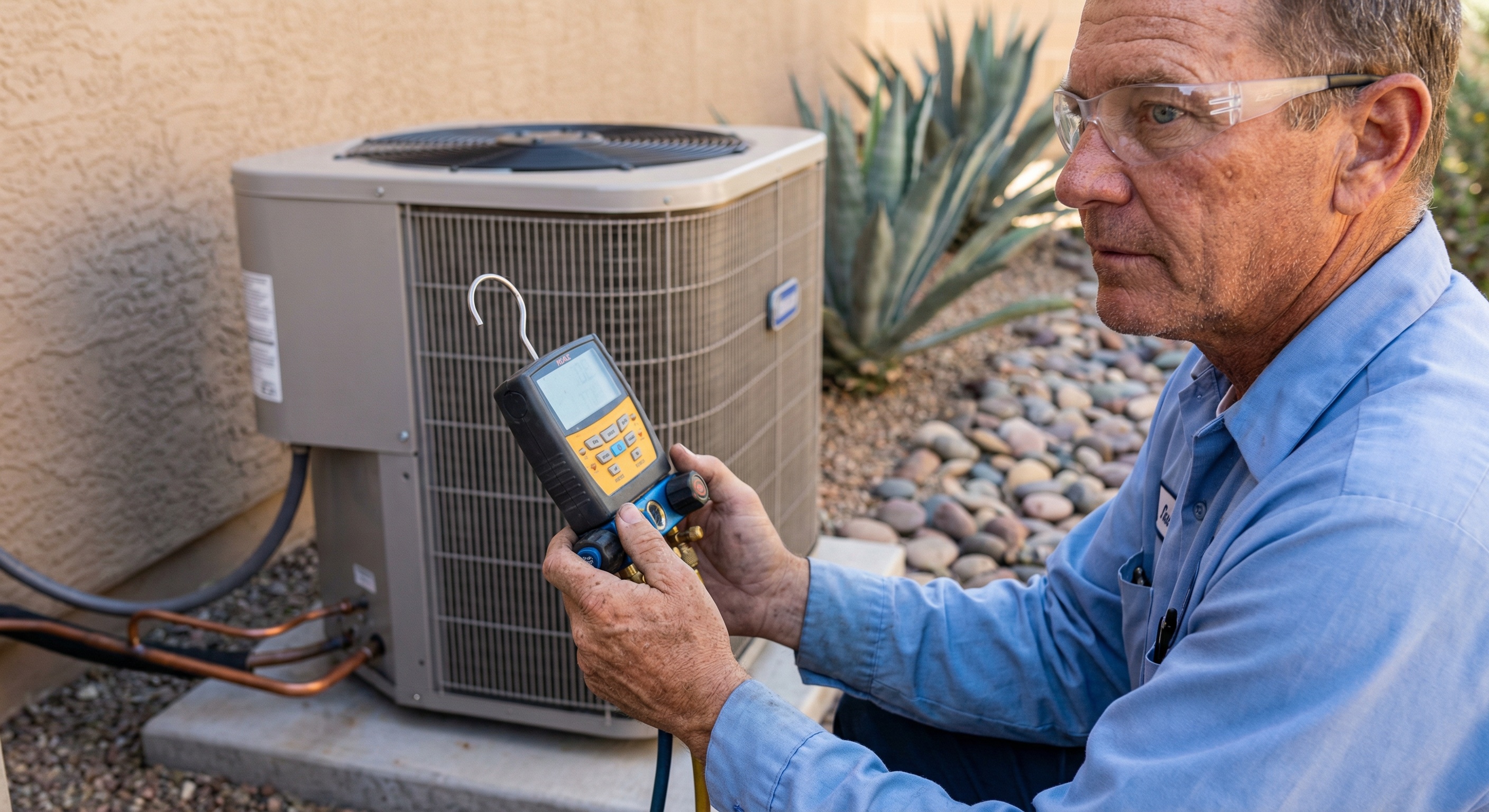 HVAC technician in safety gear inspecting a