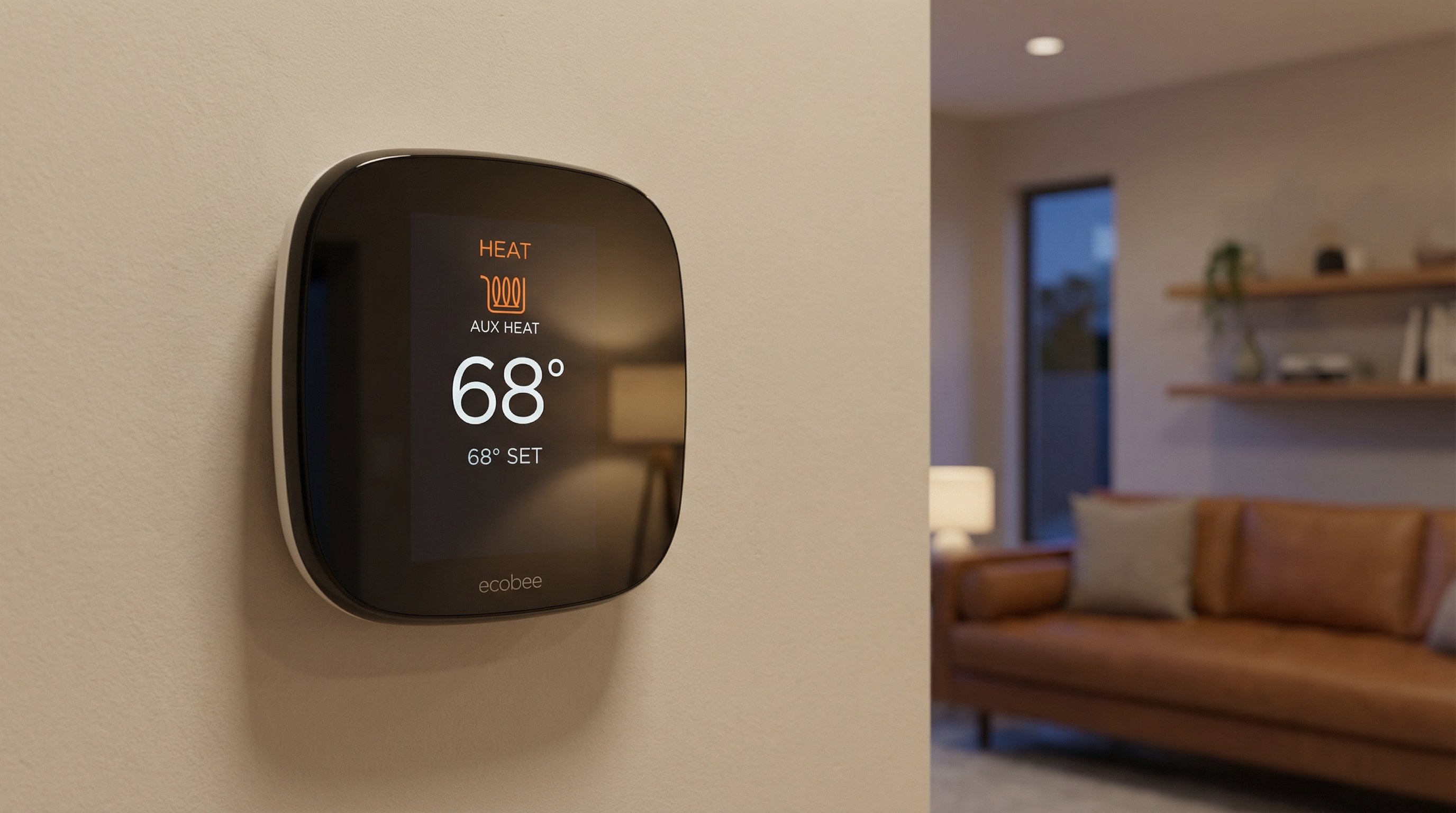 Smart thermostat showing heat mode active with aux heat indicator, clean modern Arizona home interior