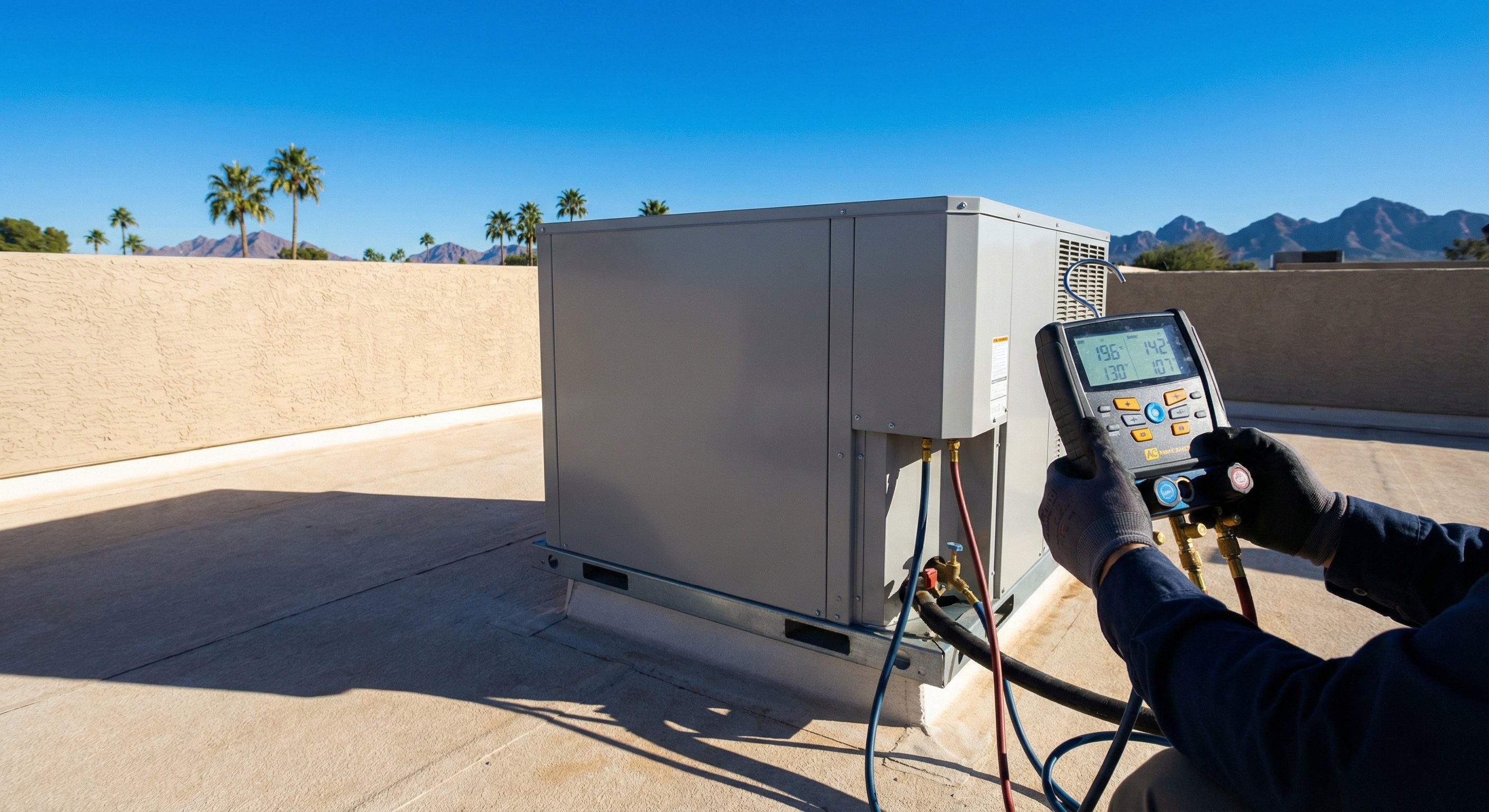 A technician checks refrigerant gauges on a rooftop AC unit in Arizona's summer heat, with palm trees and mountains in the background