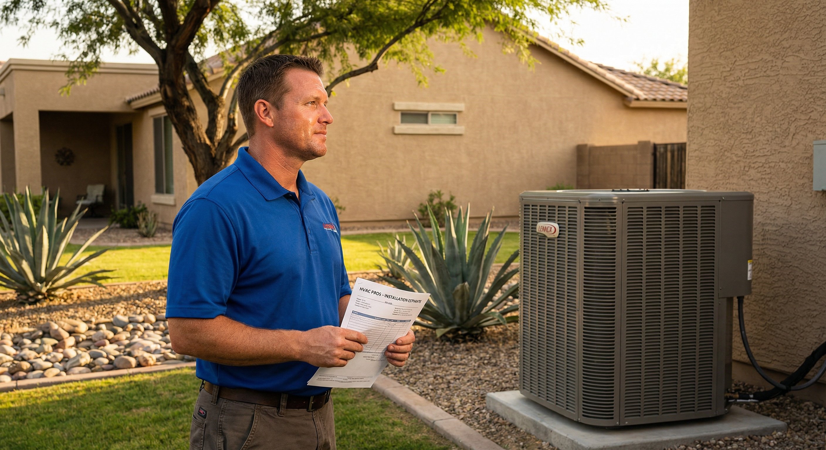 A homeowner in Gilbert, AZ reviews her new AC quote with a contractor, standing next to a modern condenser unit in her backyard with desert landscaping