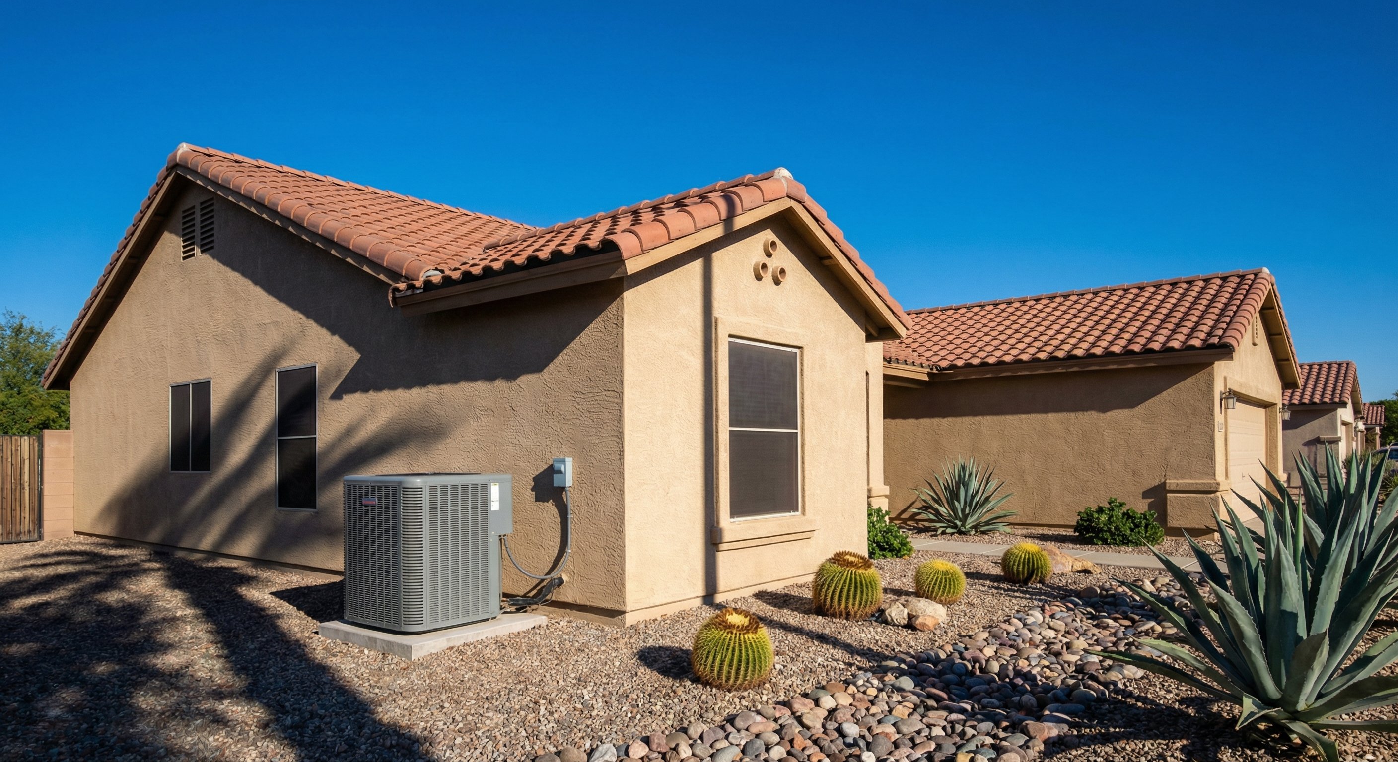 An older tan stucco single-story Arizona home with a central AC condenser unit mounted on a concrete pad along the left side of the house, desert landscaping with river rock and agave in the front yard, clear blue Arizona sky, mid-morning sunlight