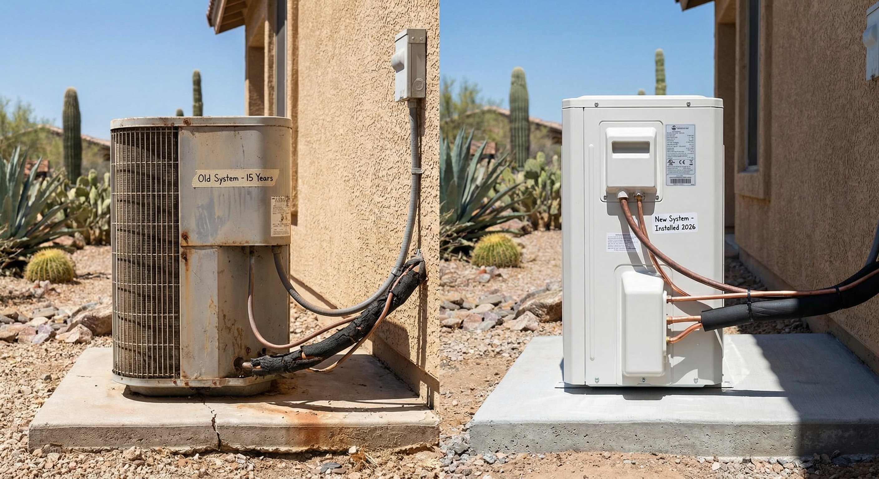A side-by-side comparison showing an older weathered HVAC condenser unit with dusty coils and faded paint on the left, versus a new gleaming white condenser unit freshly installed on a concrete pad beside an Arizona stucco home on the right, labeled 'Before' and 'After', professional photography