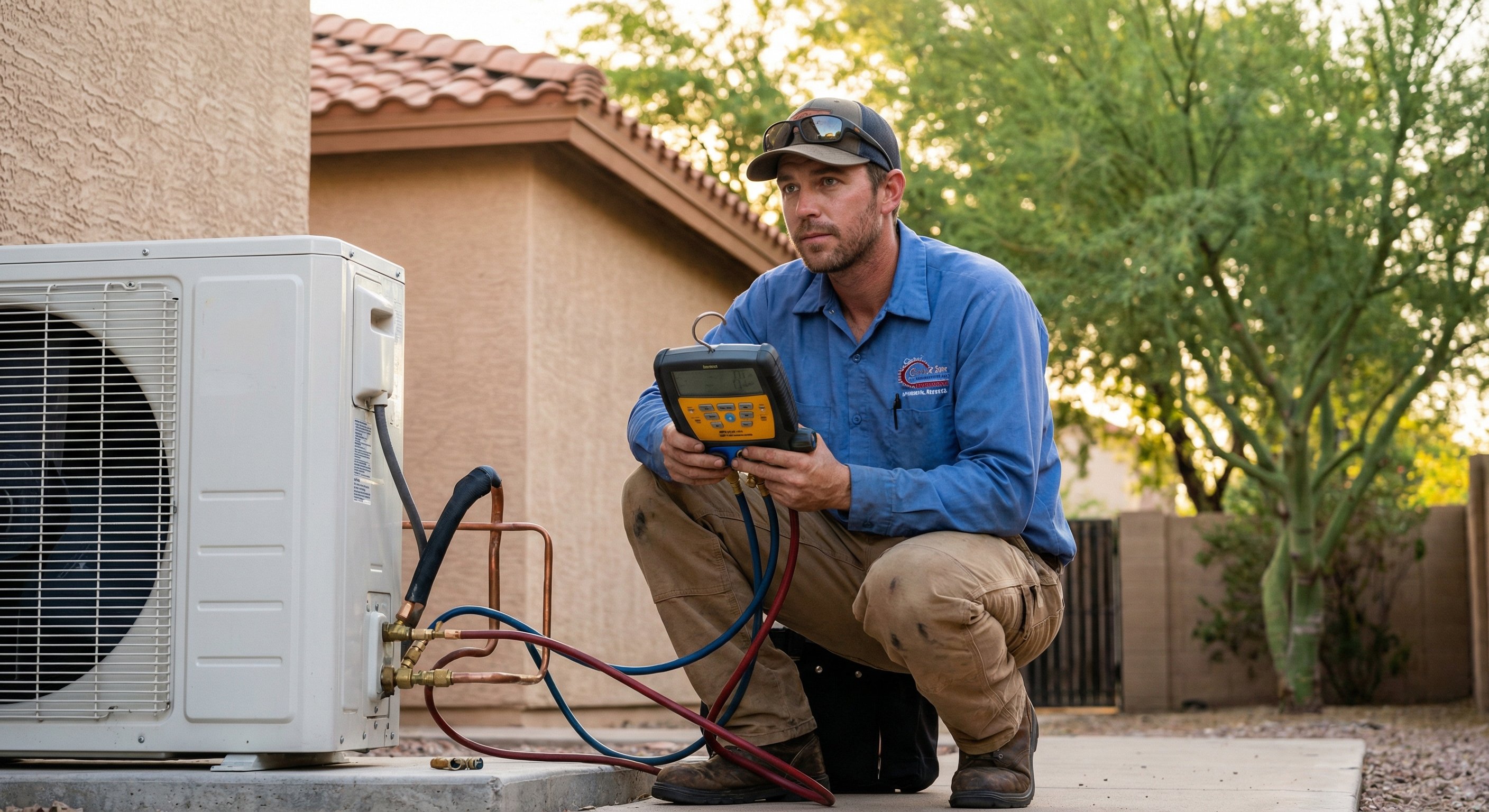 A professional HVAC technician in a blue uniform inspecting and cleaning an air conditioning condenser unit mounted on a concrete pad beside an Arizona stucco home with tile roof, using inspection tools, afternoon shade, photorealistic documentary style, 85mm lens