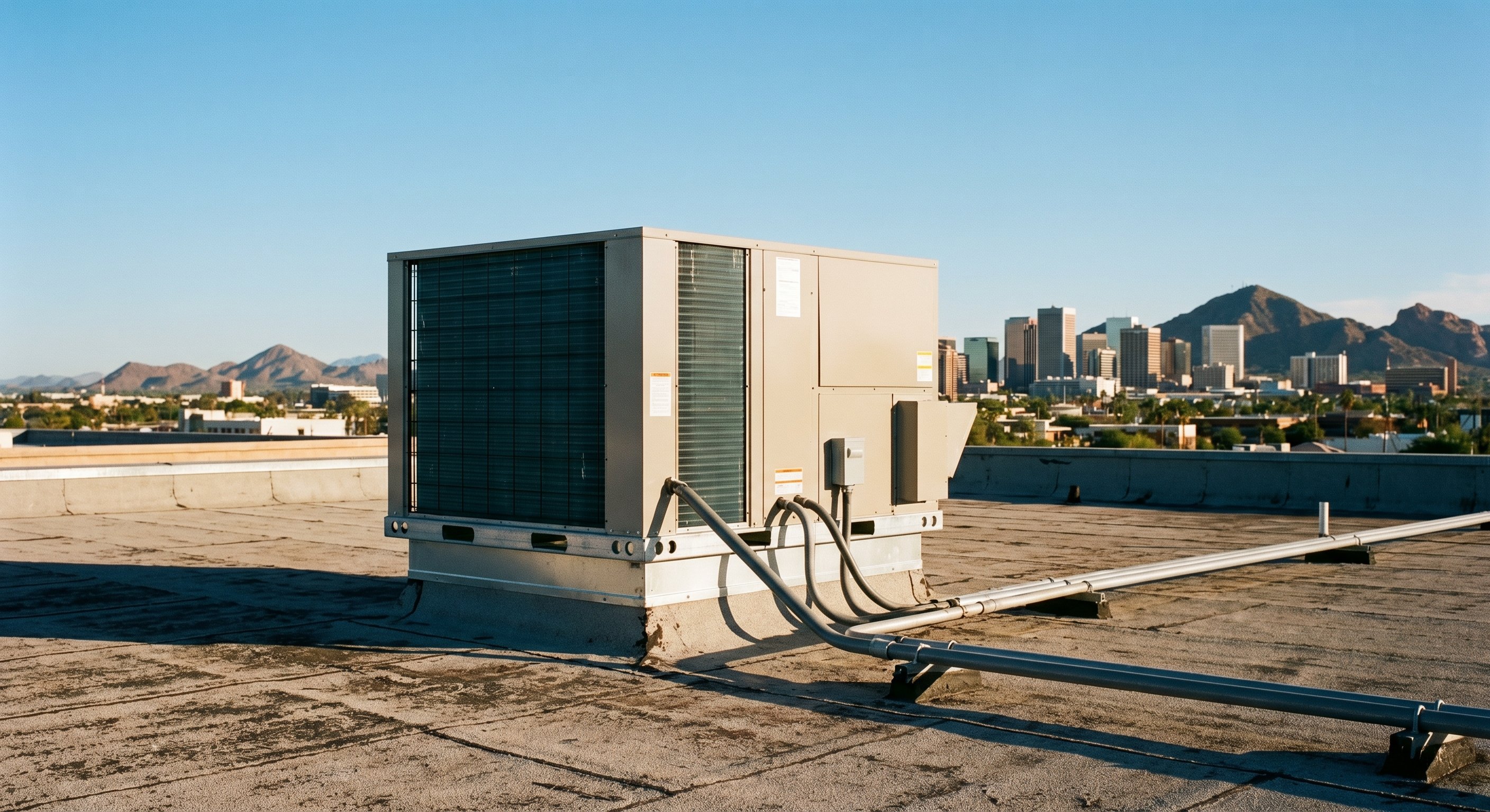 Rooftop AC package unit on a flat Arizona building with Phoenix skyline visible