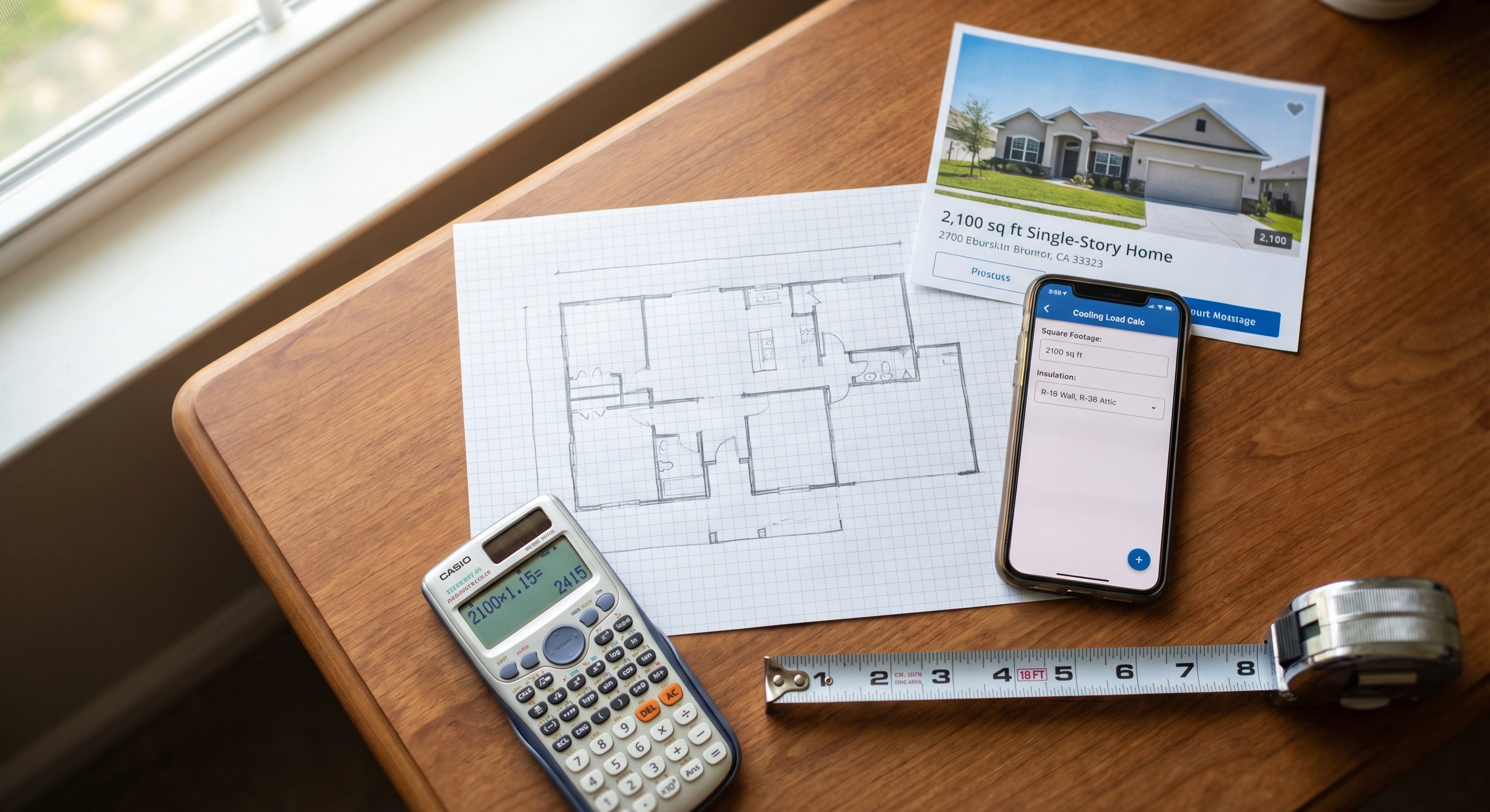 Overhead desk scene with calculator, tape measure, and floor plan for AC sizing calculation