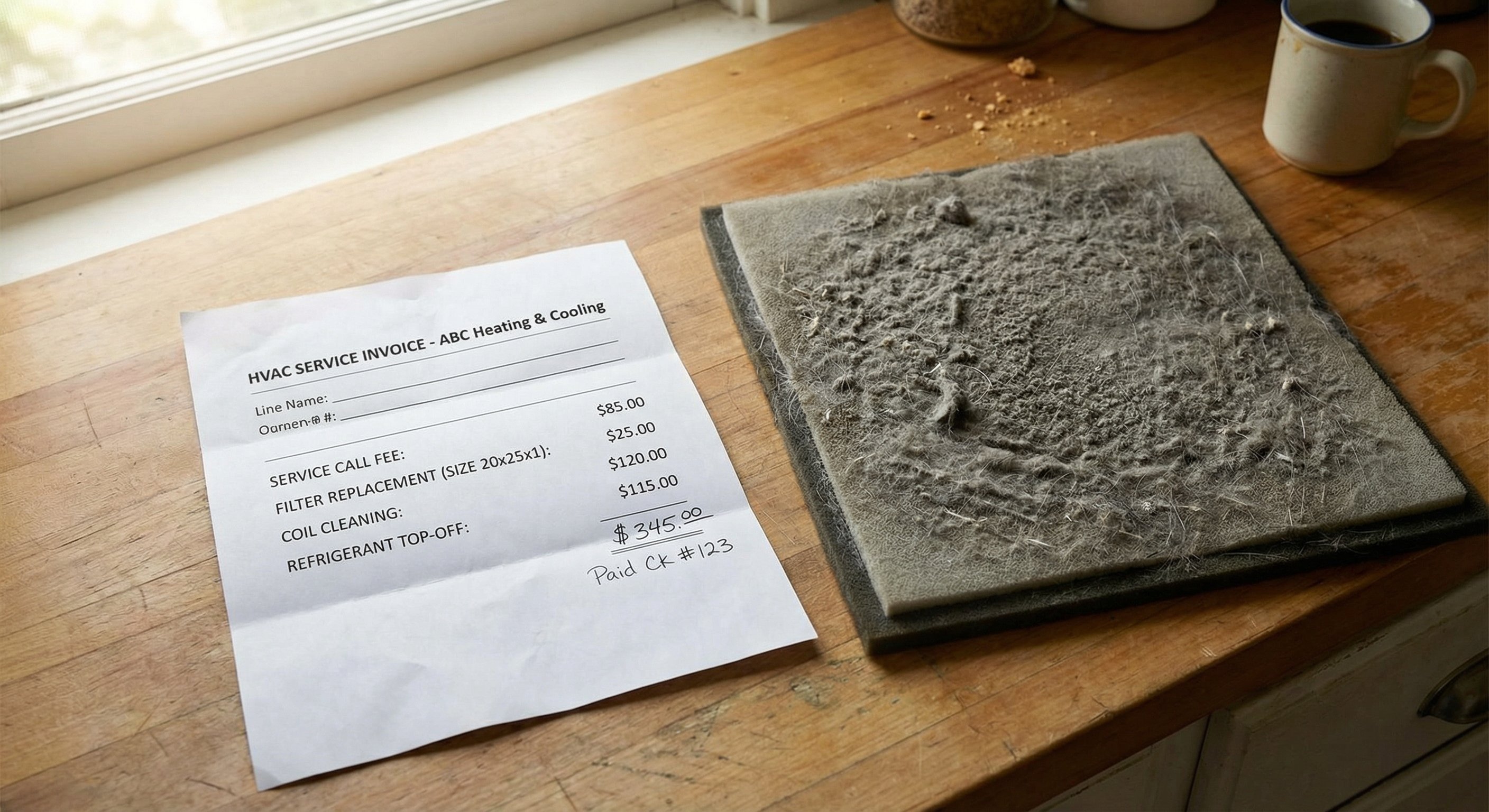Overhead view of dirty AC filter and service invoice on kitchen counter